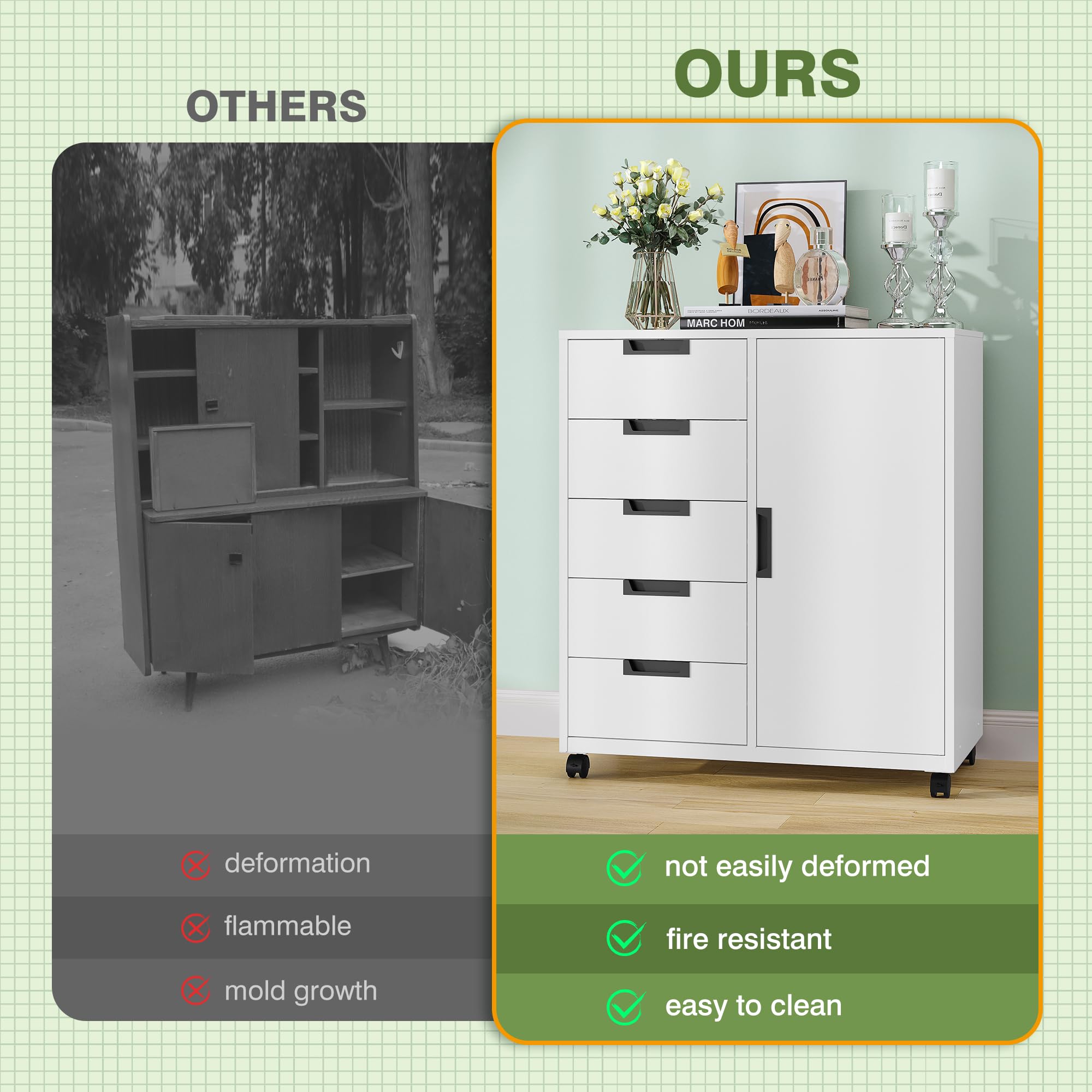5-Drawer Metal Storage Cabinet with Doors & Shelves - White Mobile File Cabinet, Dresser Chest for Home Office - Perfect for Organizing Files, Office Supplies & Printer Storage