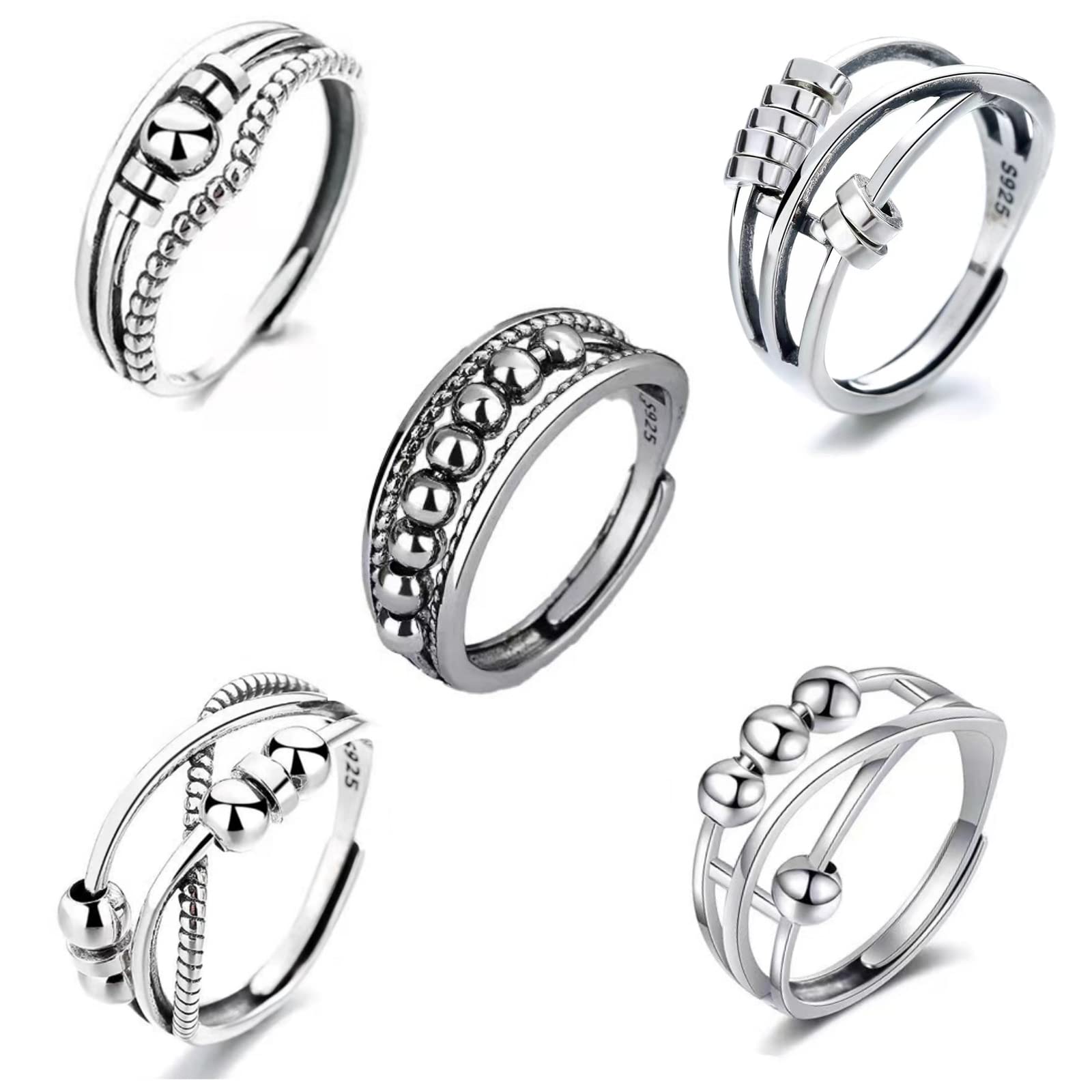 925 Sterling Silver Anxiety Relief Fidget Ring for Women & Men - Adjustable Spinner Ring with Beads for Stress Relief, ADHD & Focus - Perfect for Office, Travel & Daily Wear