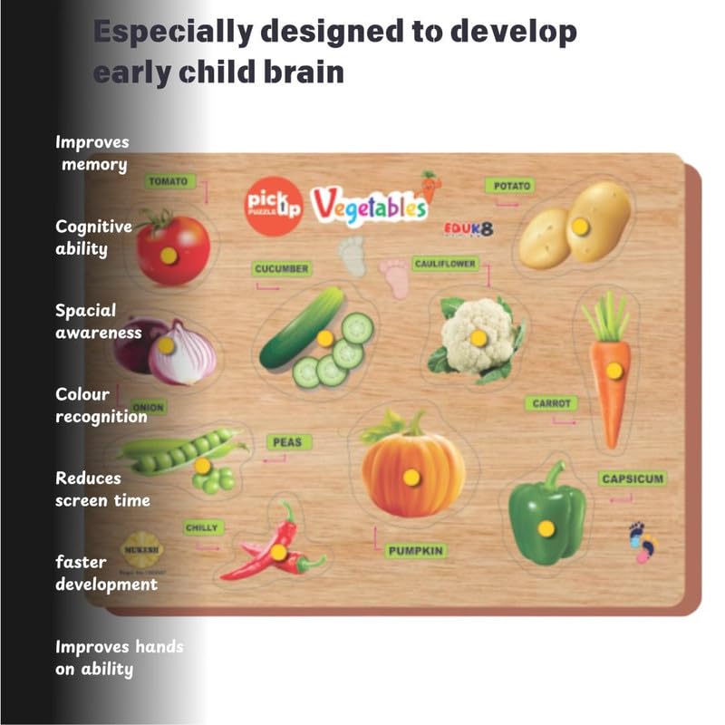 Educational Wooden Vegetable Pickup Puzzle - Montessori Learning Toy for Toddlers & Kids | Fine Motor Skills Development, Early Childhood Education, Pretend Play Kitchen Accessory