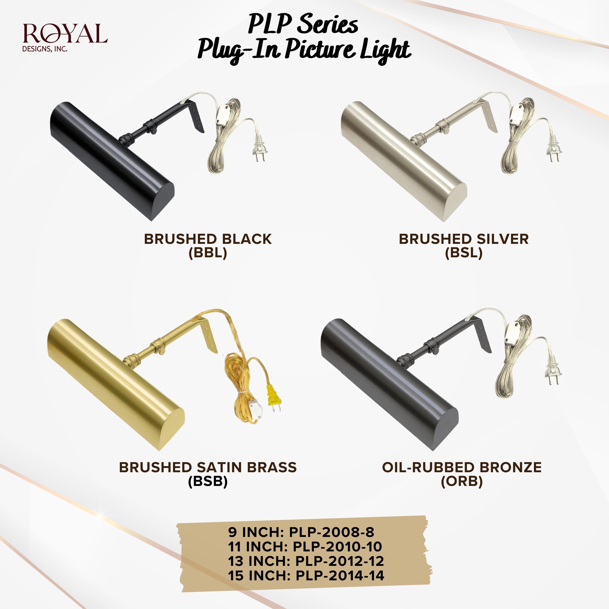 Royal Designs Plug-in Picture Light - 12 ft Cord with Hi/Low/Off Switch, Brushed Satin Brass Gallery Lighting for Artwork & Wall Decor (8.75 Inch) - Perfect for Home, Office & Museum Display