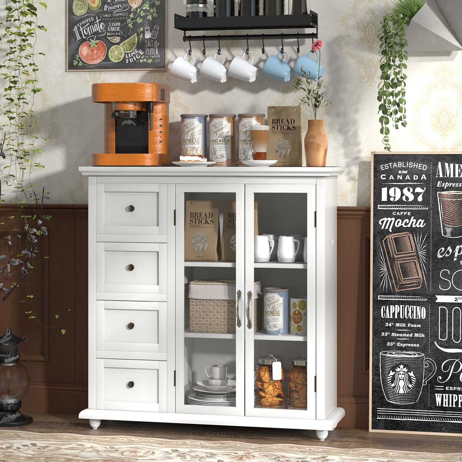 COSTWAY White Sideboard Cabinet with 4 Drawers & Glass Doors - Kitchen & Dining Room Storage