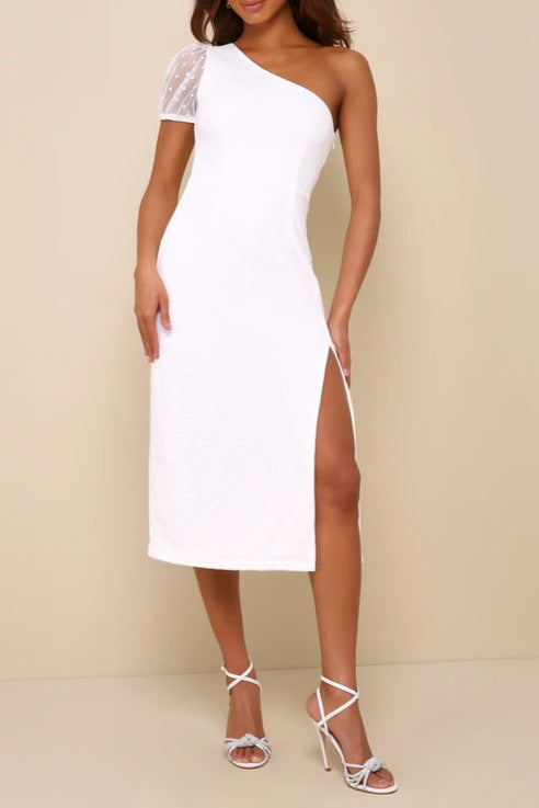 Elegant White Polka Dot Mesh One Shoulder Midi Dress for Women - Perfect for Cocktail Parties, Date Nights & Summer Weddings