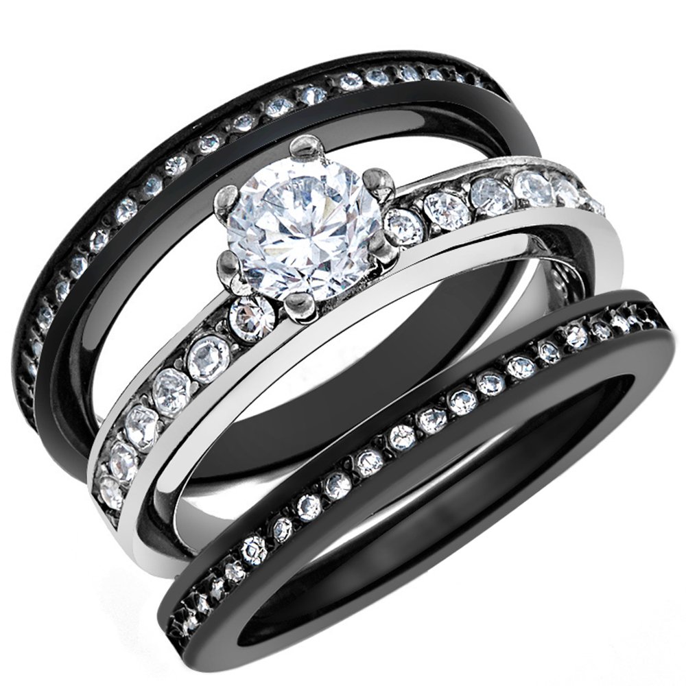 1.31ct CZ Wedding Ring Set for Women - Black Stainless Steel Jewelry for Bridal & Party