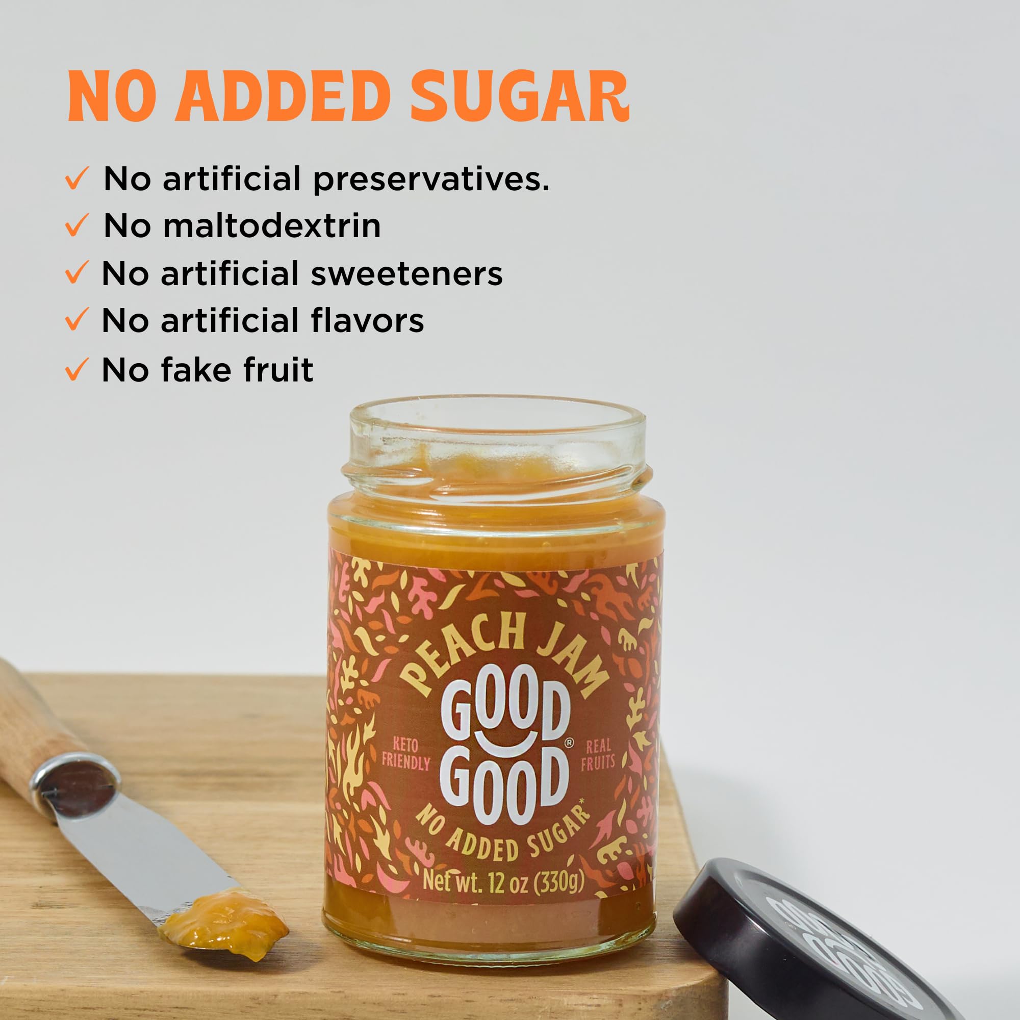 GOOD GOOD Sweet Peach Jam - Low Calorie, Low Carb & No Added Sugar Keto Friendly Jelly - Vegan, Gluten Free Fruit Preserves - 12oz (Pack of 1) - Perfect for Toast, Yogurt & Keto Diet Breakfast