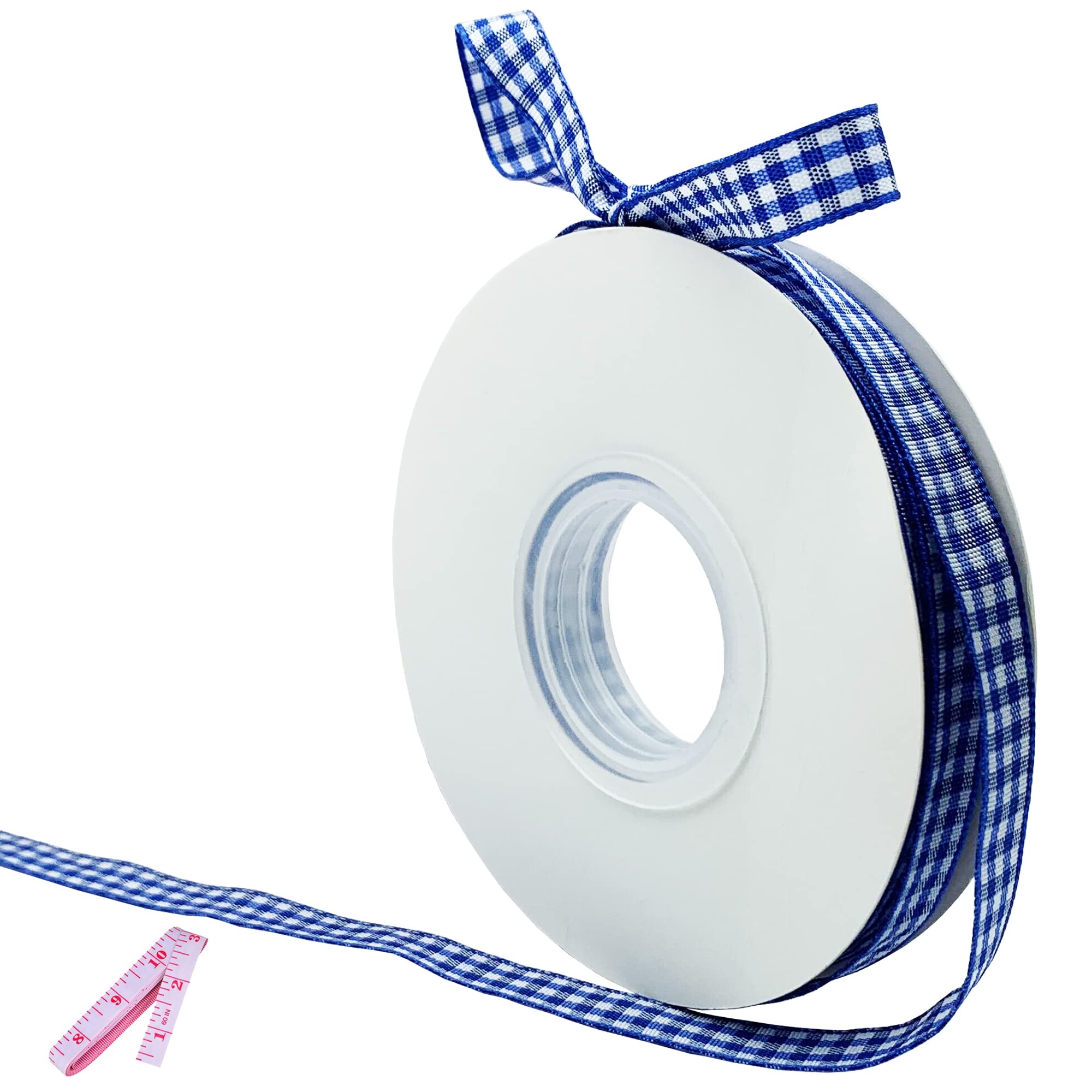 Blue and White Gingham Ribbon - 3/8 Inch x 25 Yard Roll - Polyester Woven Edge Ribbon for Crafts, Hair Accessories, Gift Wrapping, Picnic Decorations - Includes 60