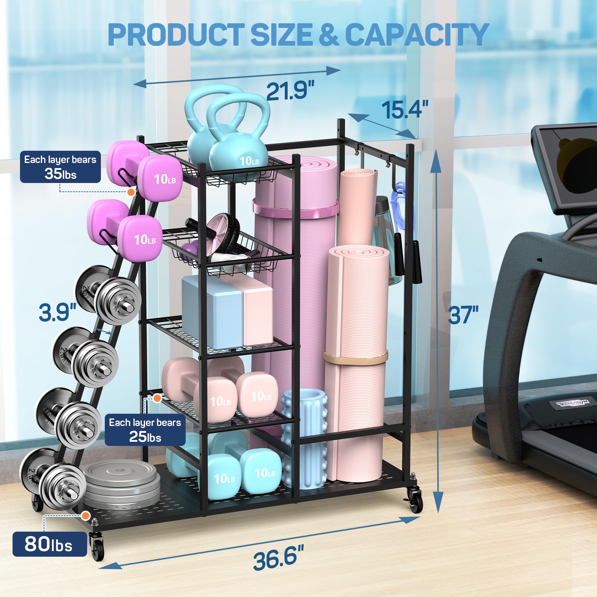 PLKOW Heavy Duty Dumbbell Weight Rack - Home Gym Storage Organizer for Dumbbells, Kettlebells & Yoga Mats - Space Saving Garage Gym Equipment for Strength Training & Yoga Workouts