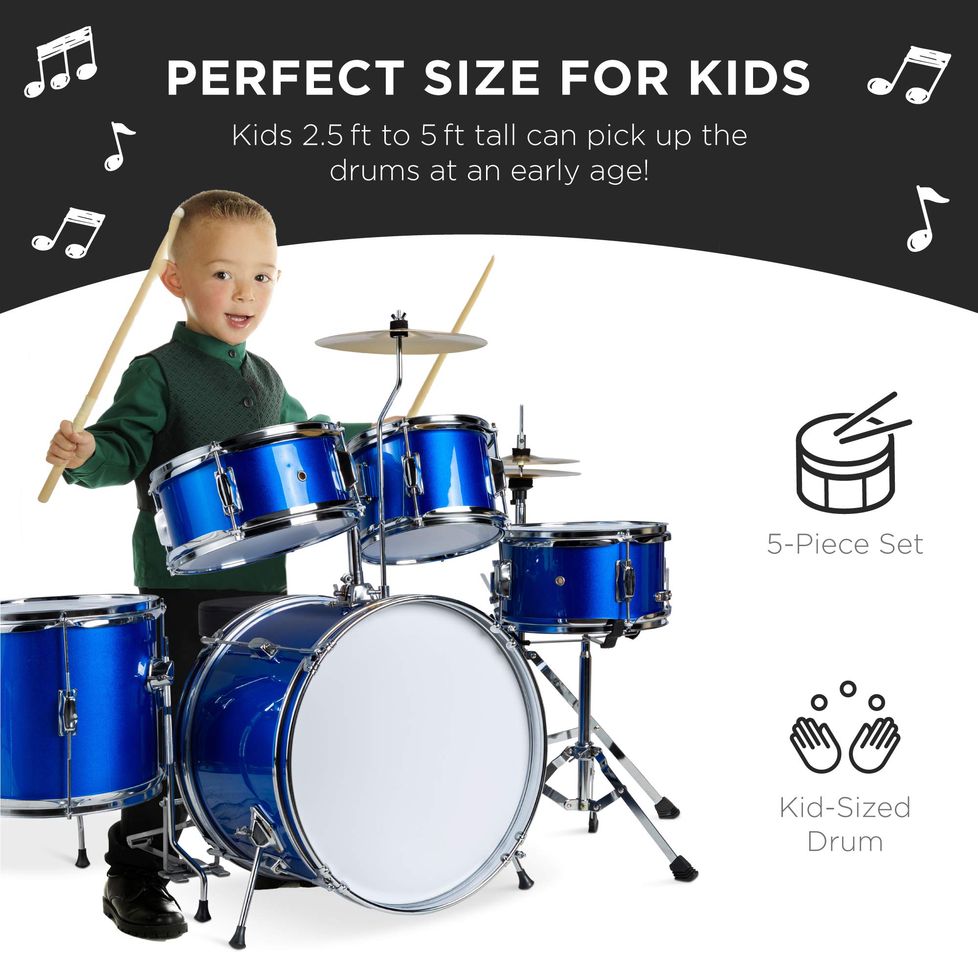 Best Choice Products 5-Piece 16in Kids Drum Set - Junior Drum Kit with Cymbals, Pedal, Drumsticks & Stool - Perfect Beginner Percussion Set for Children (Blue) | Ideal for Music Lessons, Birthday Gifts & Home Practice
