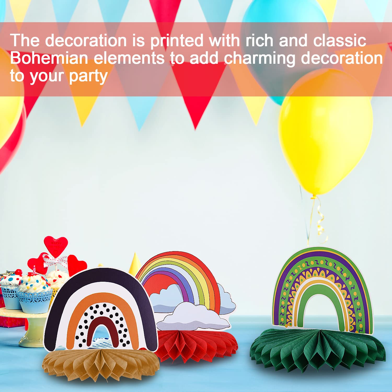 9Pcs Rainbow Honeycomb Party Decorations - Boho Baby Shower Centerpieces, Birthday Party Decor for Kids, Rainbow Cloud Table Decor - Perfect for Baby Showers, Birthday Parties & Rainbow Themed Events