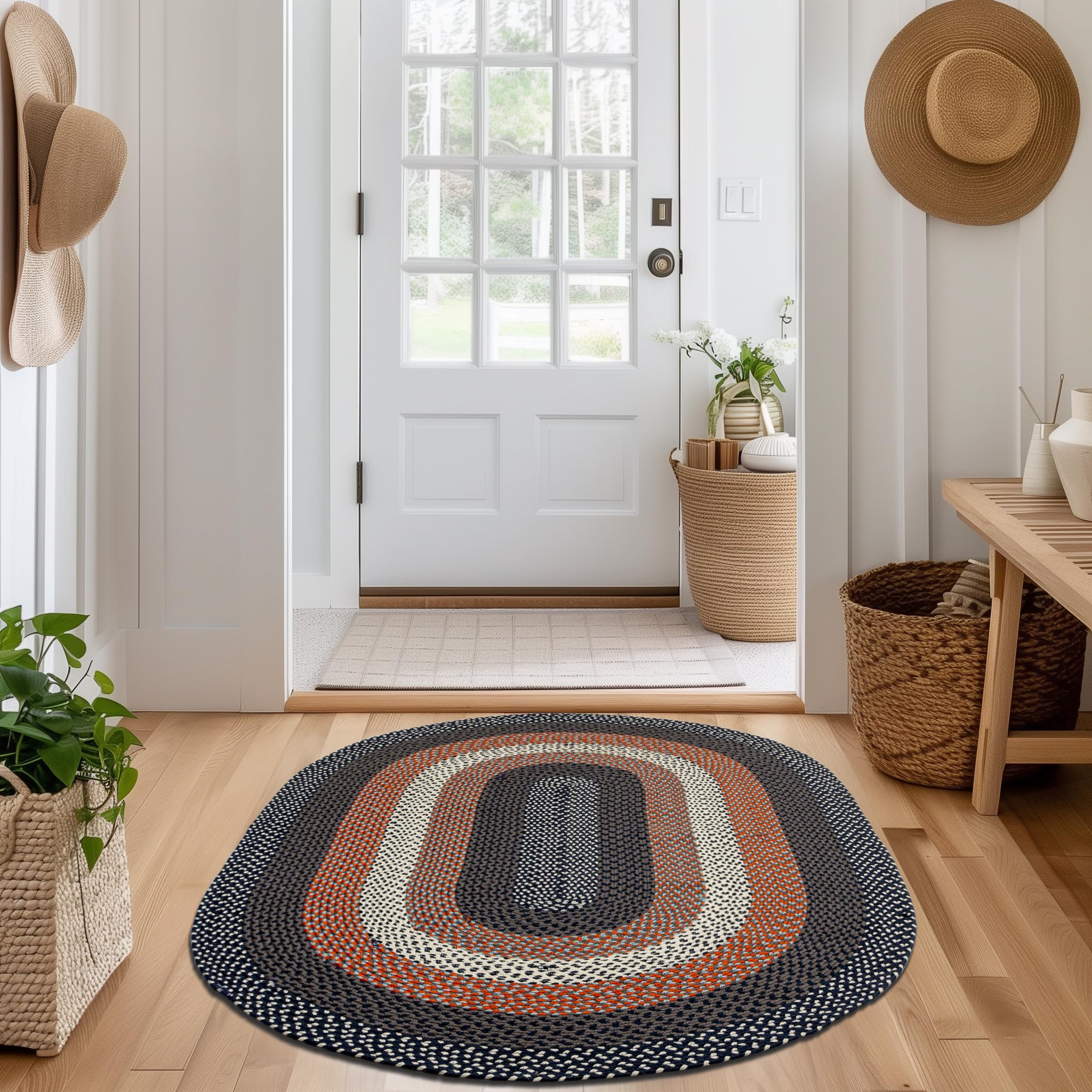 Washable Braided Area Rug 4'x6' Oval - Rustic Red White Blue Striped Indoor Outdoor Rug for Kitchen, Dining Room, Patio & Porch | Non-Slip Floor Mat for Home Decor & High Traffic Areas