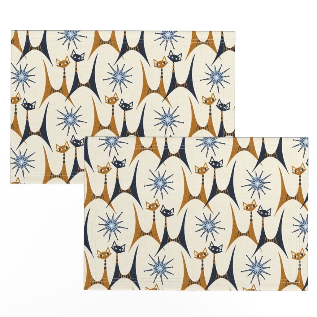 Vintage Star Cat Print Linen Cotton Canvas Placemats Set of 2 - Mid Century Retro Style Kitchen Table Decor for Dining Room & Party Settings