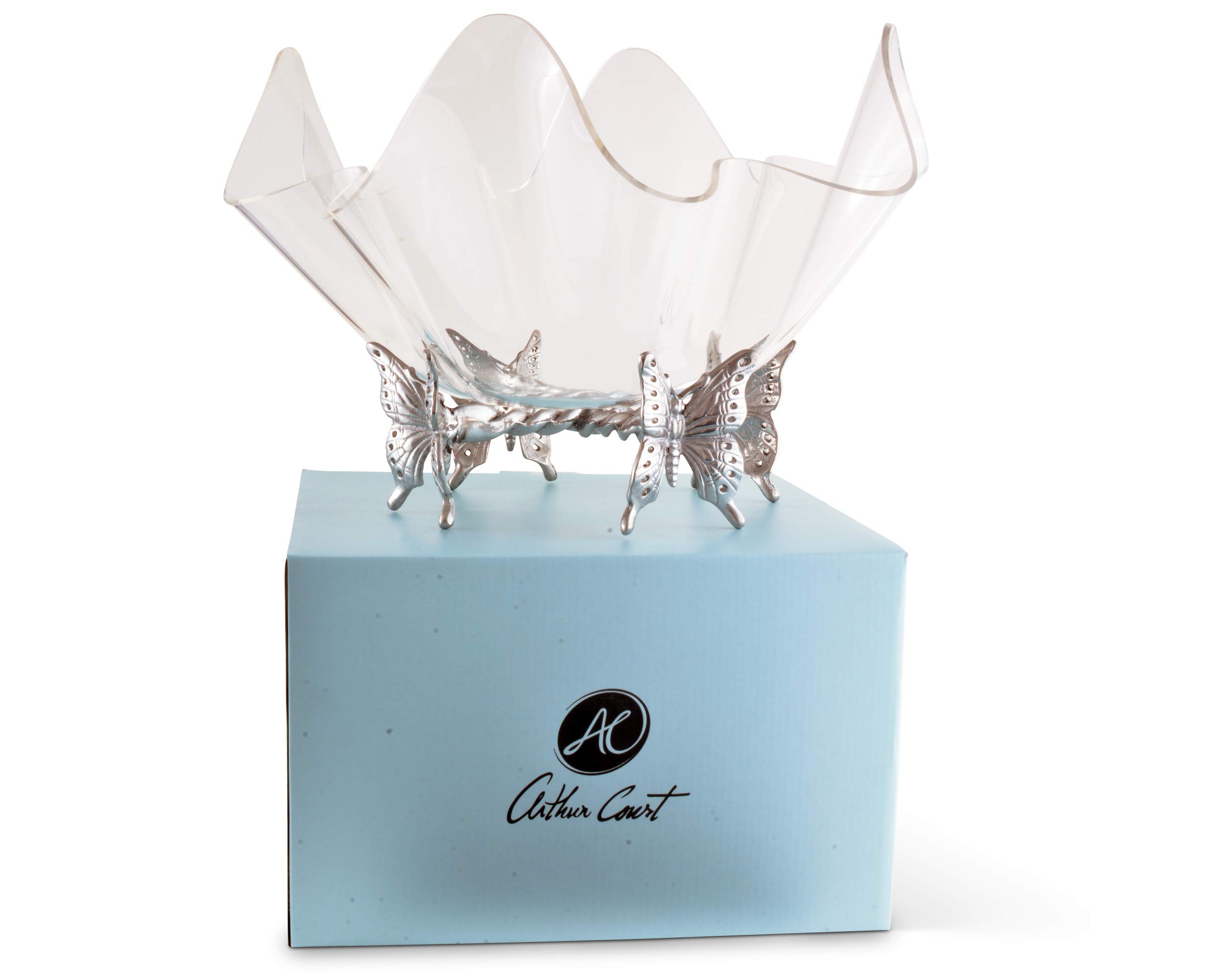 Arthur Court Designs 14-Inch Aluminum Butterfly Stand with Acrylic Serving Bowl - 12.5 Inch Tall - Elegant Party Serving Tray for Weddings, Garden Parties & Outdoor Entertaining