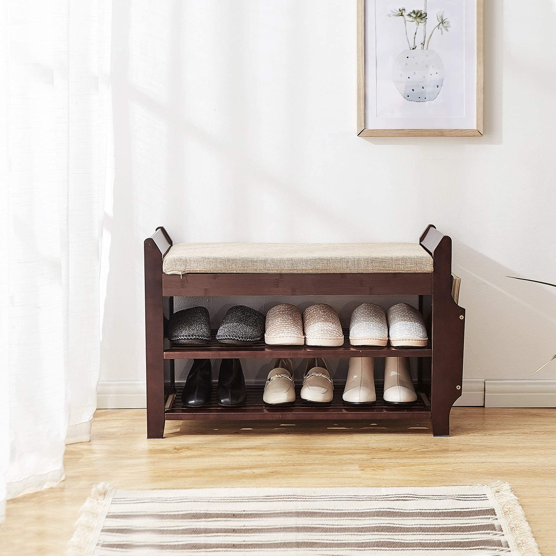 ZLELOUY 2-Tier Bamboo Shoe Bench with Cushion - Entryway Shoe Rack & Boot Organizer for Hallway, Small Classic Style - Perfect for Small Spaces & Apartment Living