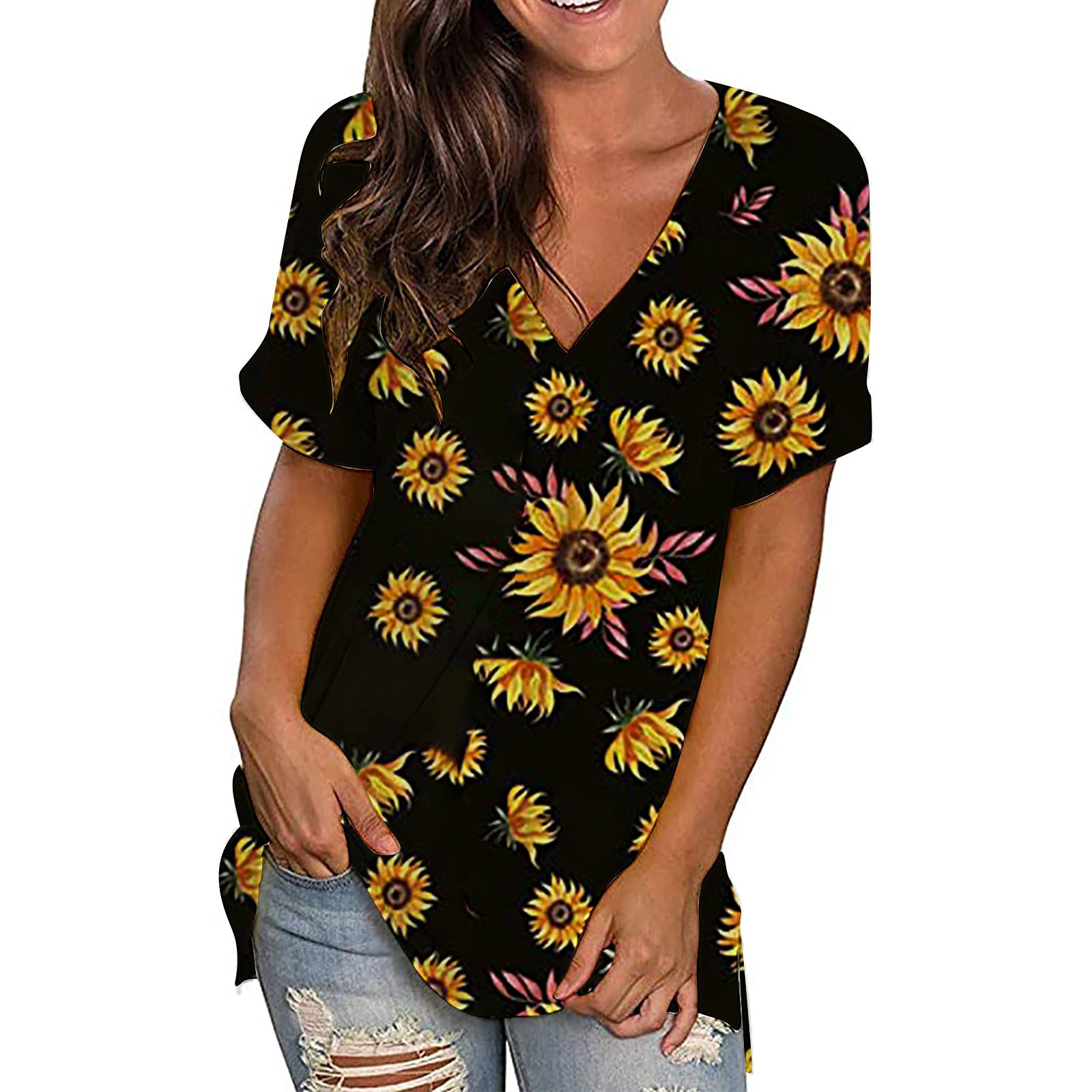 Women's Summer T-Shirts - Casual V-Neck Sunflower Print Short Sleeve Side Split Tunic Tops & Blouses | Perfect for Beach Outings, Picnics, and Summer Vacations