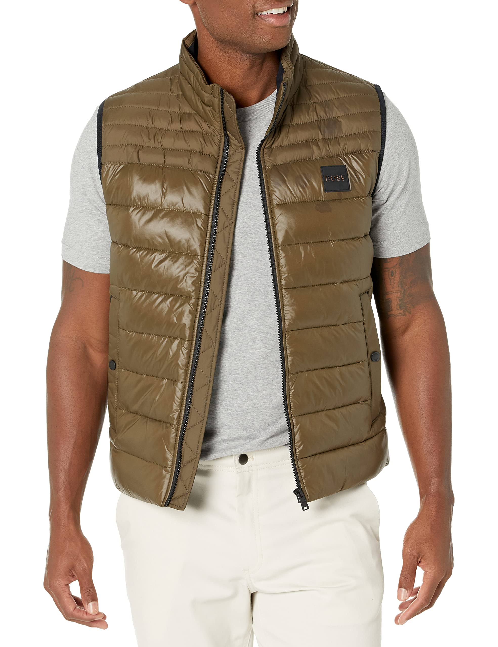 BOSS Men's Lightweight Nylon Puffer Vest with Logo Patch - Winter Outdoor Insulated Jacket for Hiking, Camping & Casual Wear