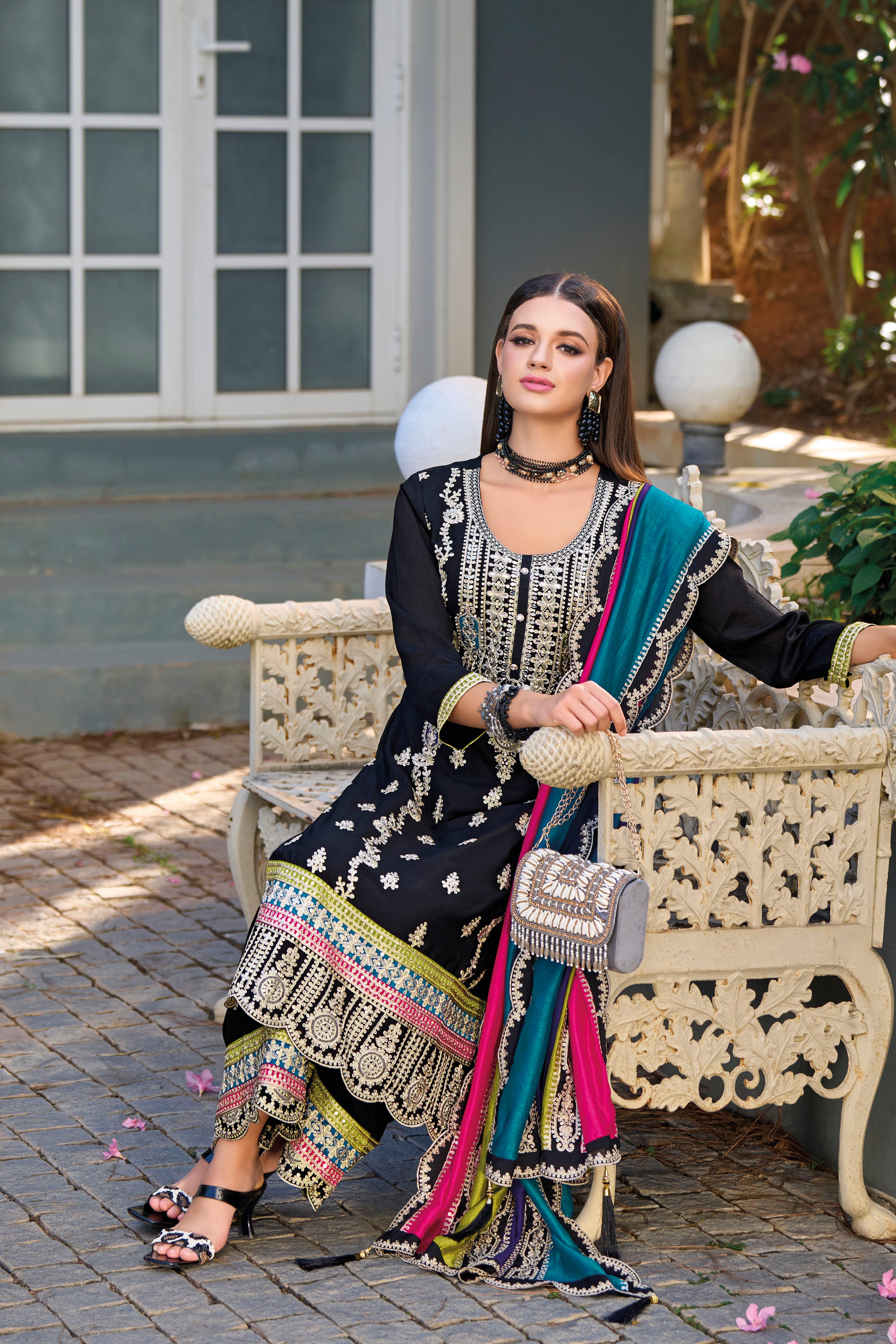Stylish Black Heavy Designer Chinon Embroidery Kurti with Palazzo & Dupatta (D1353) - Perfect for Festivals, Weddings & Ethnic Fashion