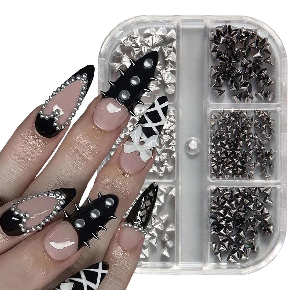 Shiny Alloy Nail Charms - Black & Silver Mixed Nail Rhinestones for Acrylic Nails | Mini Nail Art Studs & Gems for DIY Nail Decoration | Perfect for Women's Nail Art, Manicures, and Party Nail Accessories