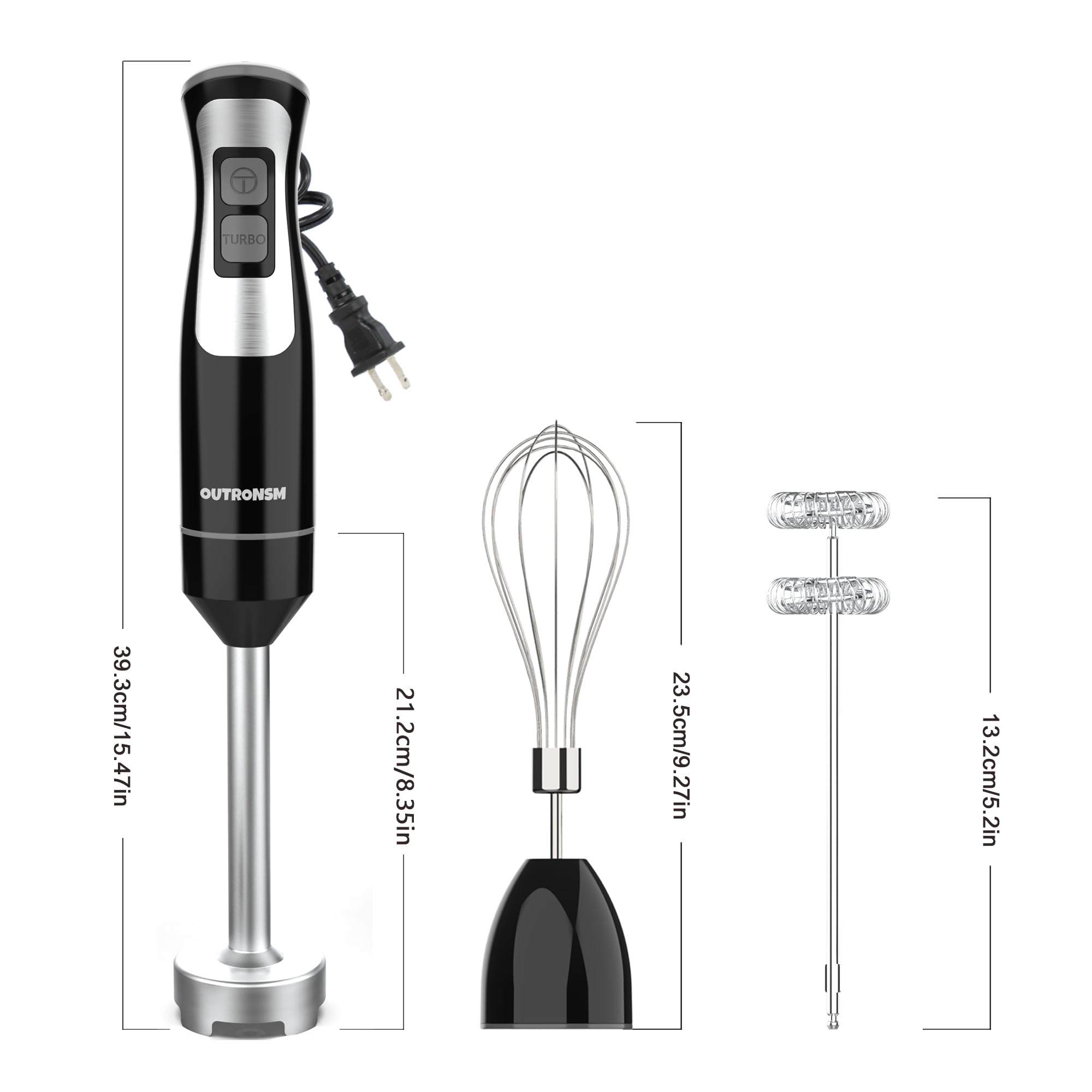OUTRONSM 4-Speed Immersion Hand Blender with Stainless Steel Blades - Includes Milk Frother & Egg Whisk for Smoothies, Baby Food, Soups & Coffee - Perfect for Kitchen, Baby Care & Coffee Making (Black)