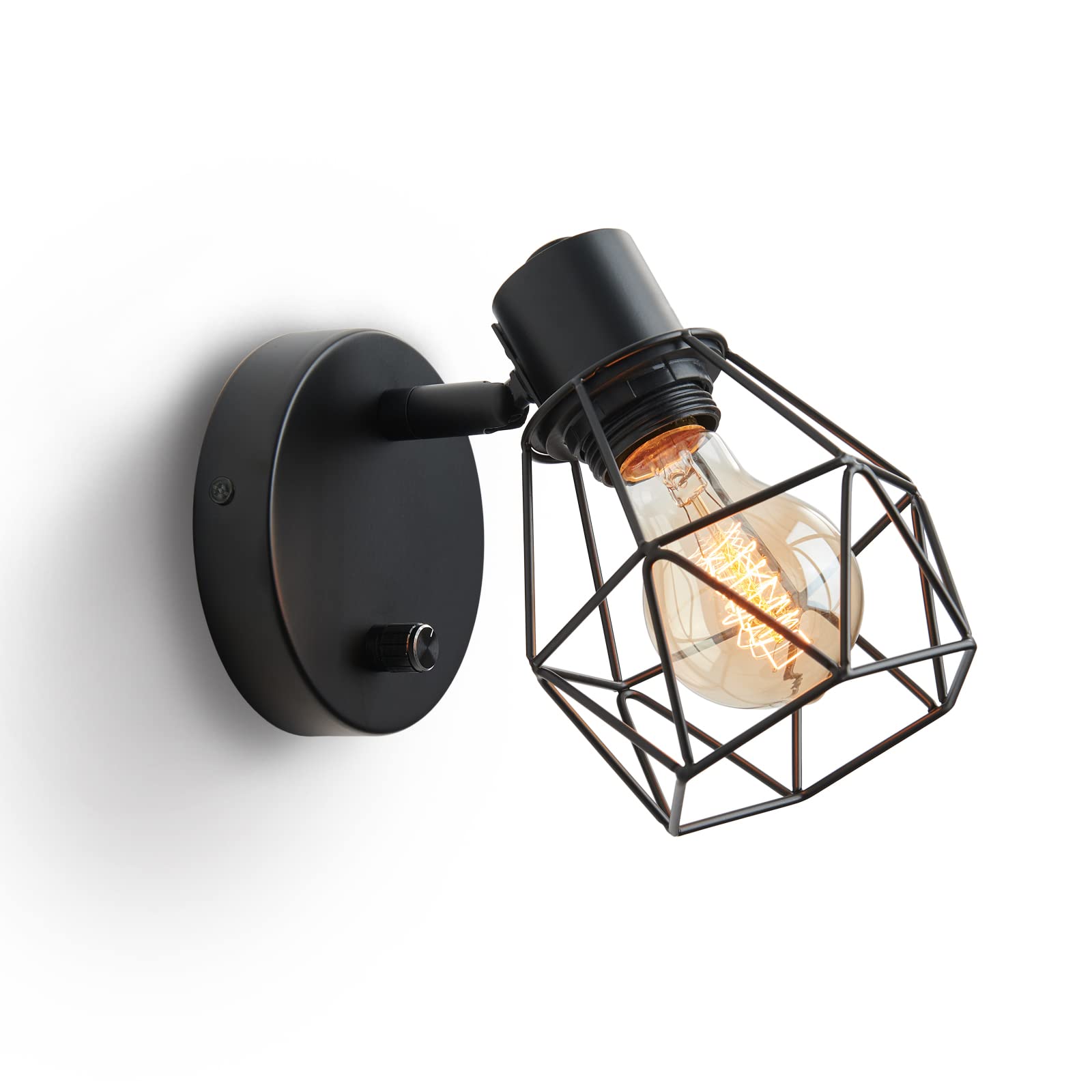 Lightess Black Wall Sconce with Dimmer & On/Off Switch - Adjustable Head Vintage Cage Wall Mount Light Fixture - Industrial Farmhouse Lighting for Living Room, Kitchen, Bedroom, Hallway - Perfect for Ambient Lighting & Home Decor (Model: LG9933941)