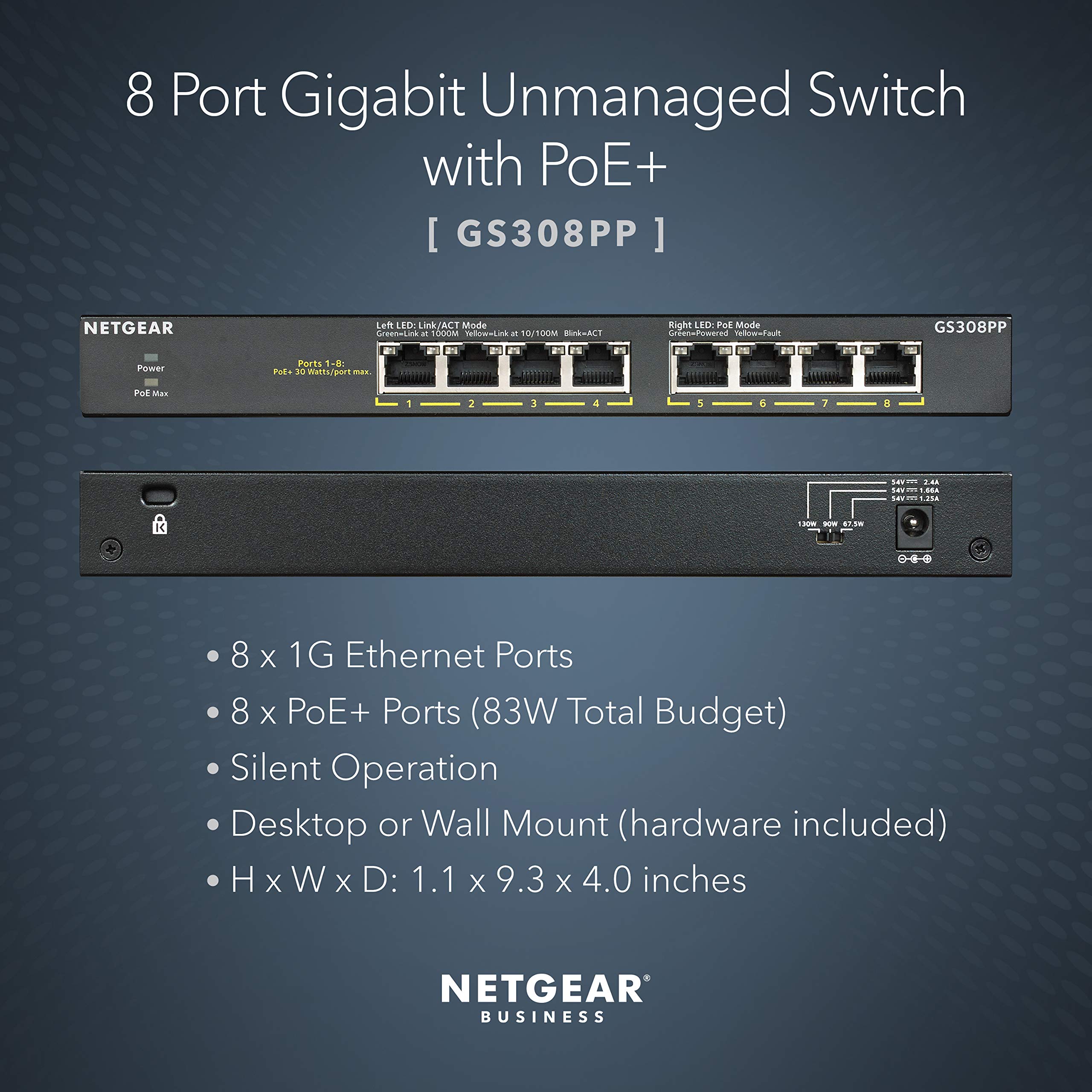 NETGEAR GS308PP 8-Port Gigabit Ethernet PoE+ Unmanaged Network Switch - 83W Power, Desktop/Wall Mount - Ideal for Home Office, IP Cameras & VoIP Phones