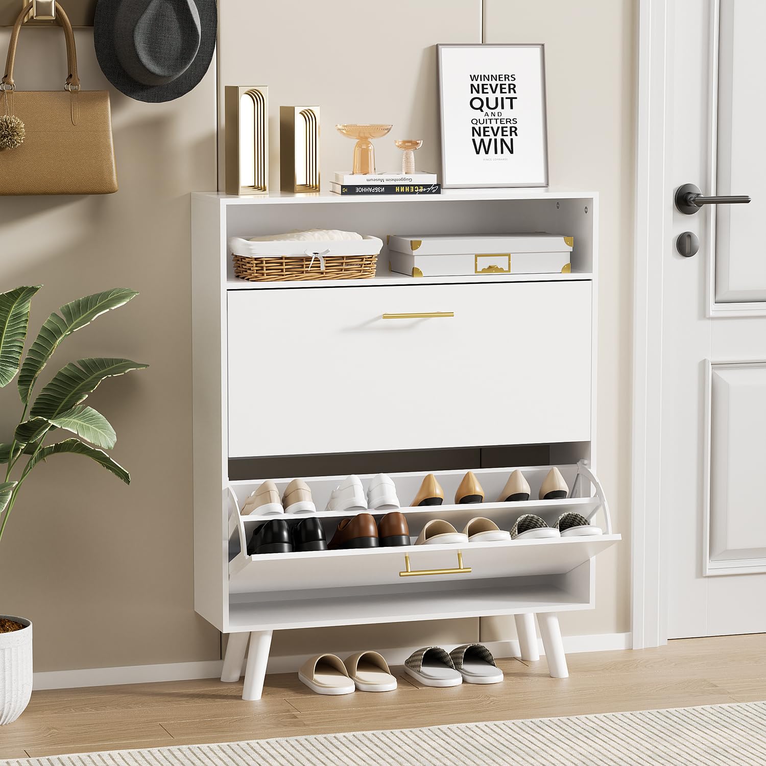White Slim Shoe Cabinet with 2 Flip Drawers - 2 Tier Freestanding Shoe Organizer for Entryway, Hallway & Living Room - Space Saving Shoe Storage Solution for Small Apartments & Homes