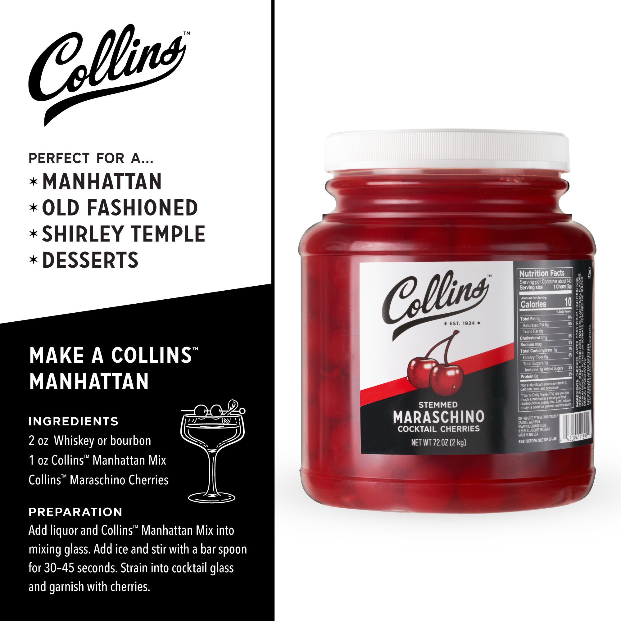 Premium Stemmed Cocktail Cherries - 72 oz Jar | Gourmet Maraschino Cherries for Cocktails, Desserts & Baking | Perfect for Old Fashioned, Manhattan & Shirley Temple Drinks