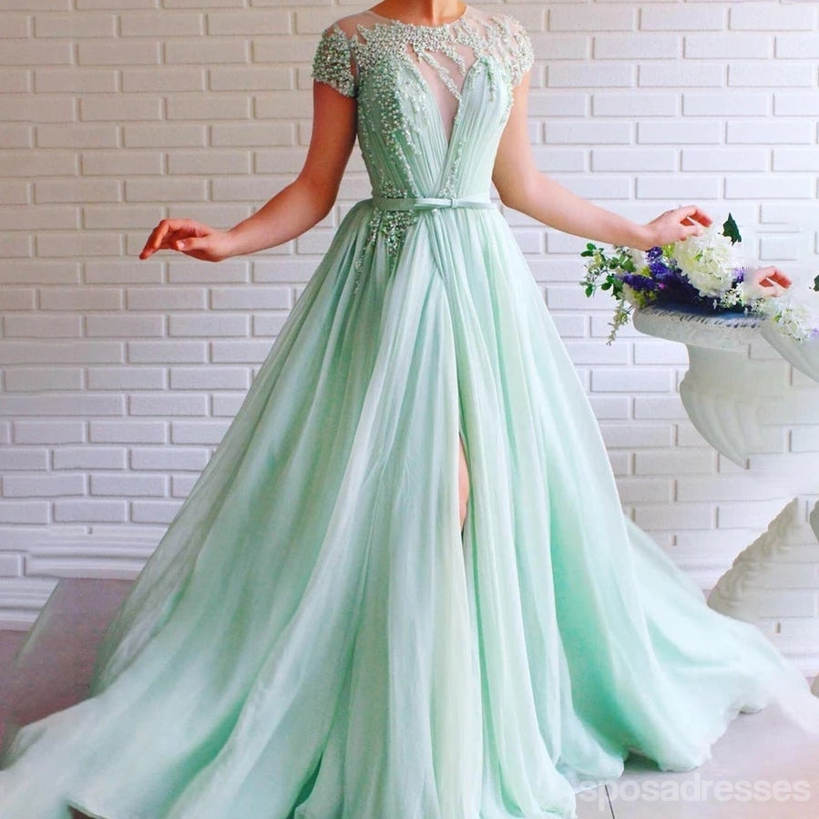 Elegant Mint Green A-Line Short Sleeve Prom Dress with High Slit - Formal Evening Gown for Homecoming, Prom Night & Special Occasions