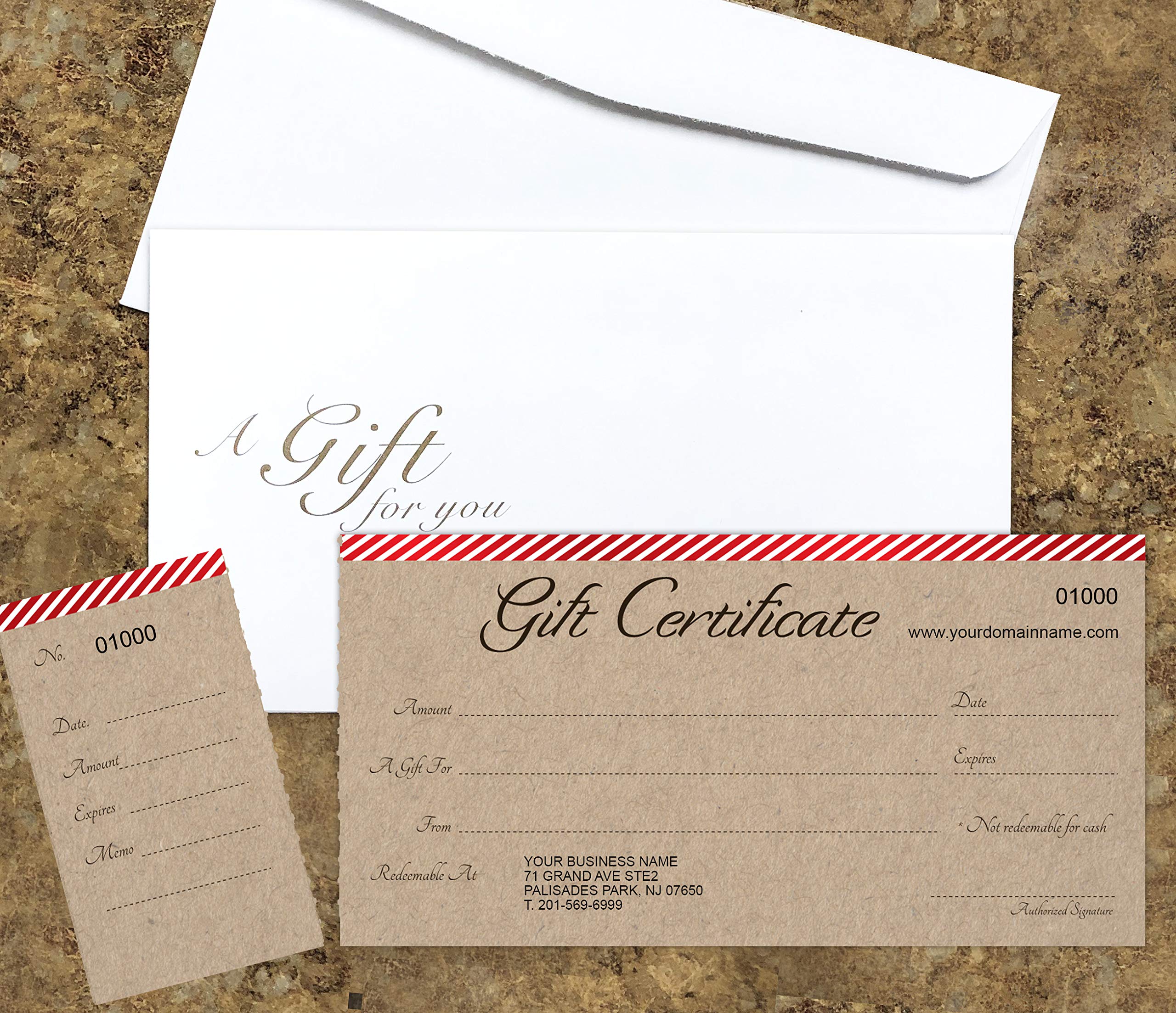 Custom Gift Certificate Cards with Envelopes - 100-Pack Premium Red Stripe Design on Kraft Background - Perfect for Small Business Gifting, Rewards & Loyalty Programs (Weddings, Birthdays, Corporate Events)