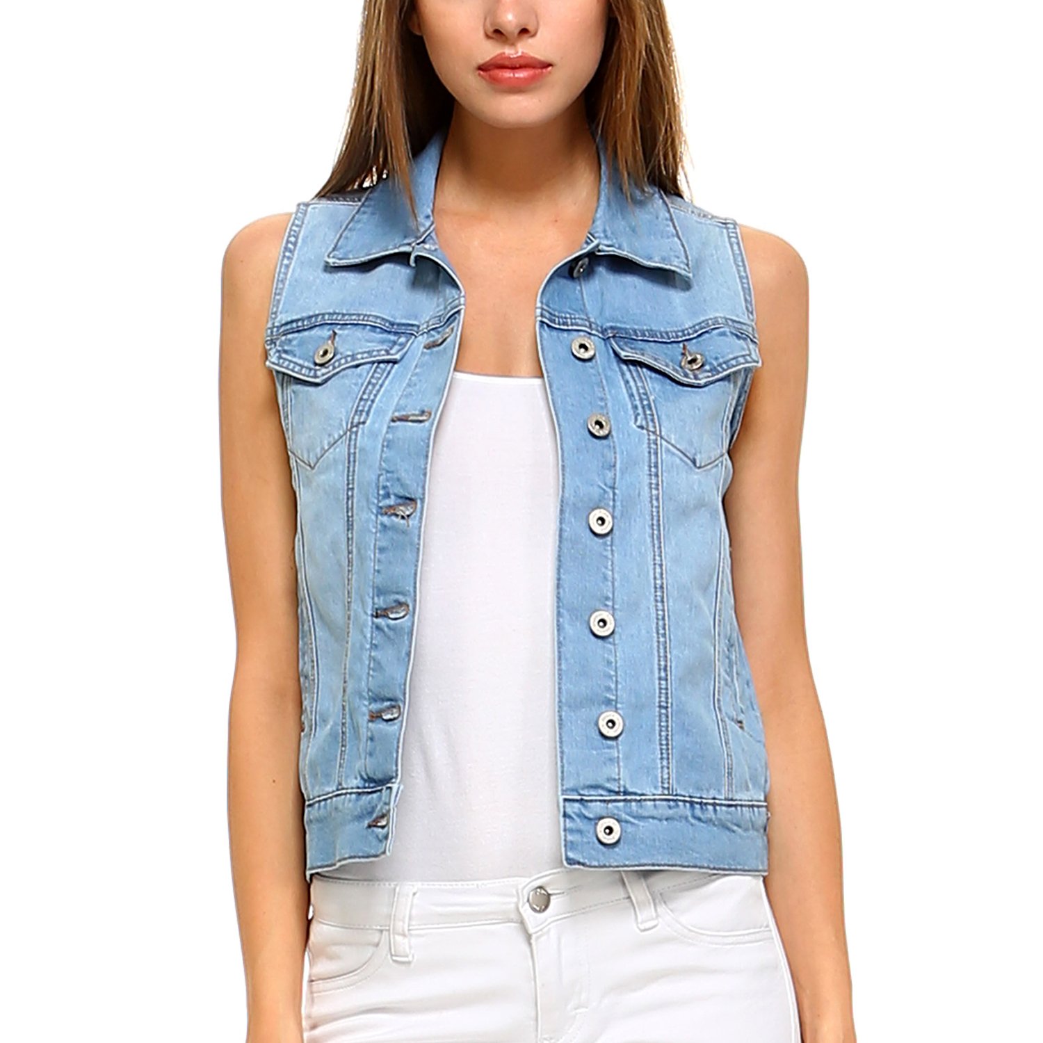 Fashionazzle Women's Denim Vest Jacket - Button Front, Solid Color, Casual & Layering Piece for Spring & Fall Outfits | Perfect for Streetwear, Workwear & Everyday Style