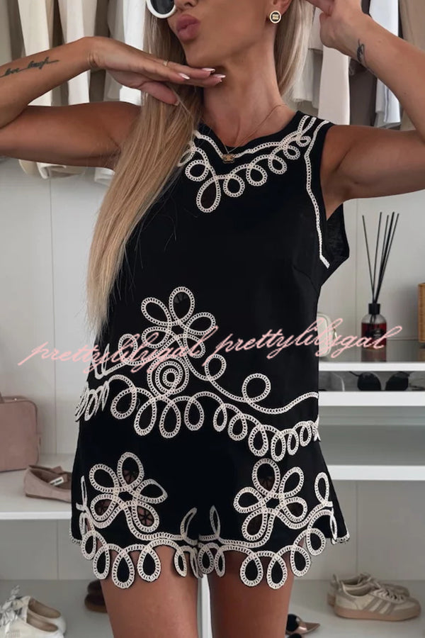 Angie Embroidery Cut Out Sleeveless Top & Elastic Waist Loose Shorts Set - Women's Summer Outfit for Beach, Vacation & Casual Wear