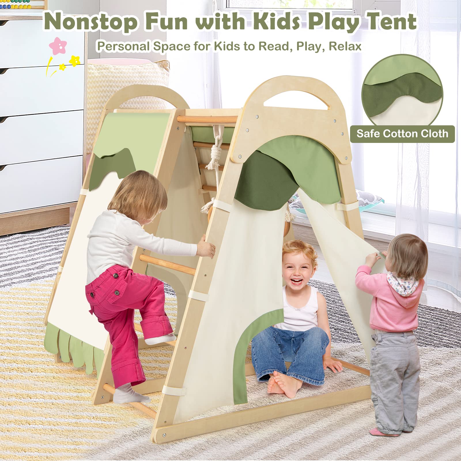 Costzon 7-in-1 Indoor Jungle Gym for Toddlers - Montessori Climbing Toys with Slide, Climbing Net & Gymnastic Rings - Wooden Playground Climber Playset for Kids Ages 3+ | Perfect for Indoor Playrooms, Daycares & Birthday Gifts