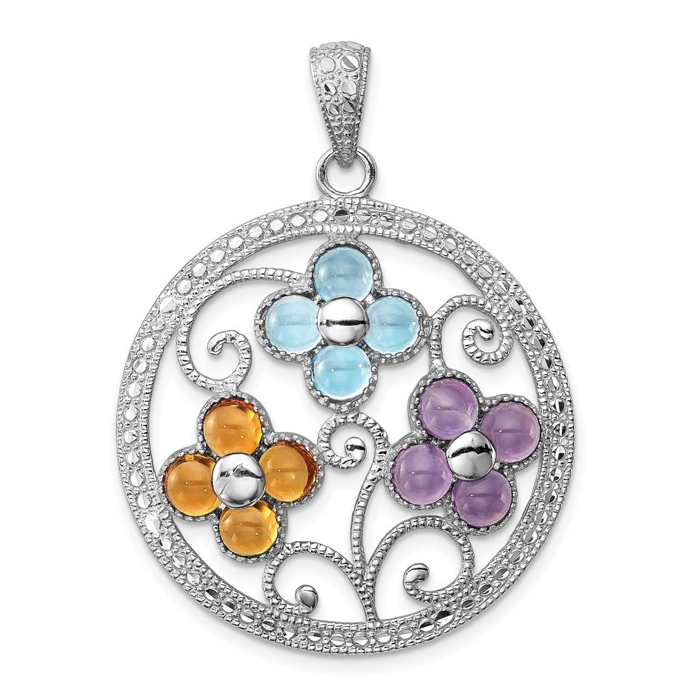 Sterling Silver Rhodium-Plated Citrine Blue Topaz & Amethyst Flower Pendant Necklace for Women | Elegant Fine Jewelry Gift for Birthday, Anniversary & Special Occasions