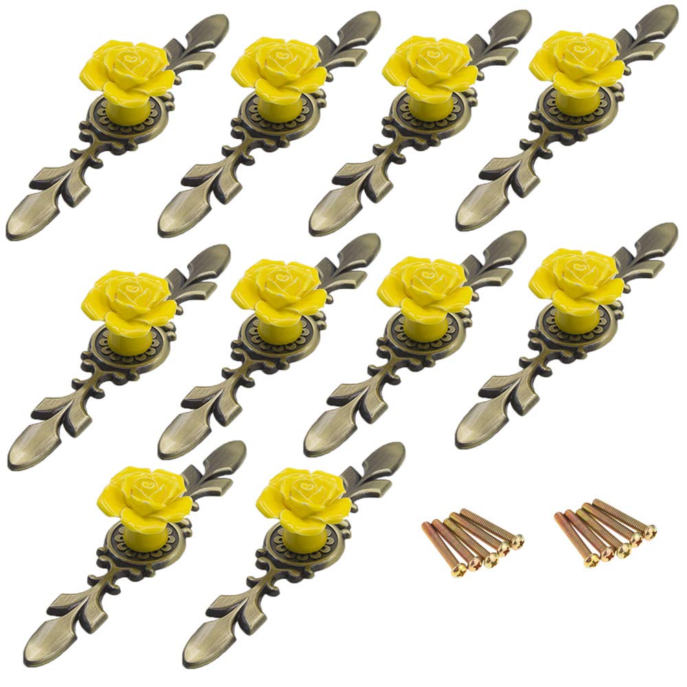 10PCS Vintage Floral Rose Ceramic Drawer Pulls - Antique Brass Cabinet Knobs for Kitchen, Dresser & Home Decor | Elegant Hardware Upgrade for Cabinets, Furniture & DIY Projects