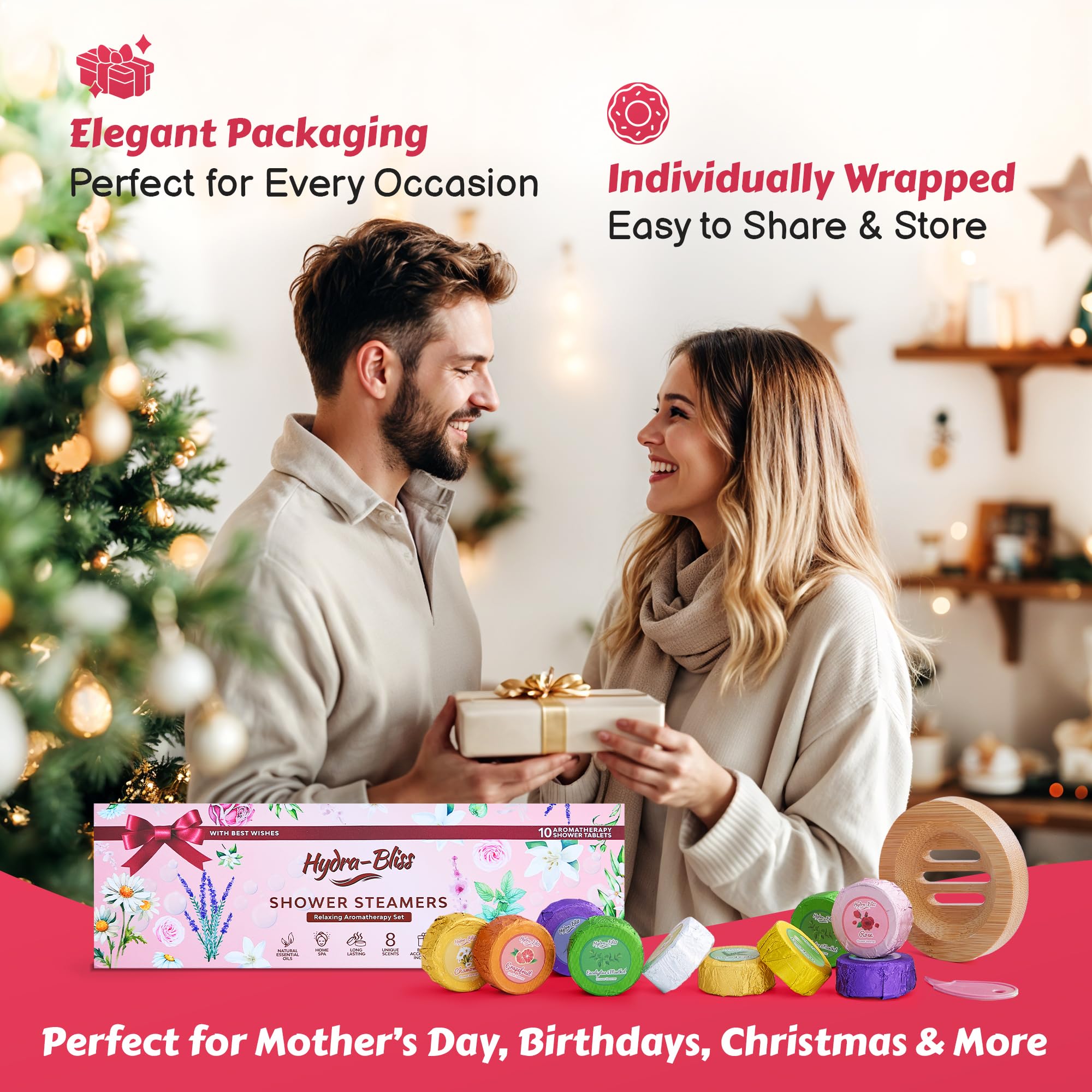 Aromatherapy Shower Steamers Gift Set - 10 Natural Essential Oil Tablets for Women & Men, 8 Soothing Scents with Long-Lasting Fragrance, Includes Bamboo Tray & Mesh Bag - Perfect Spa Relaxation Gift for Stress Relief, Self Care & Home Wellness