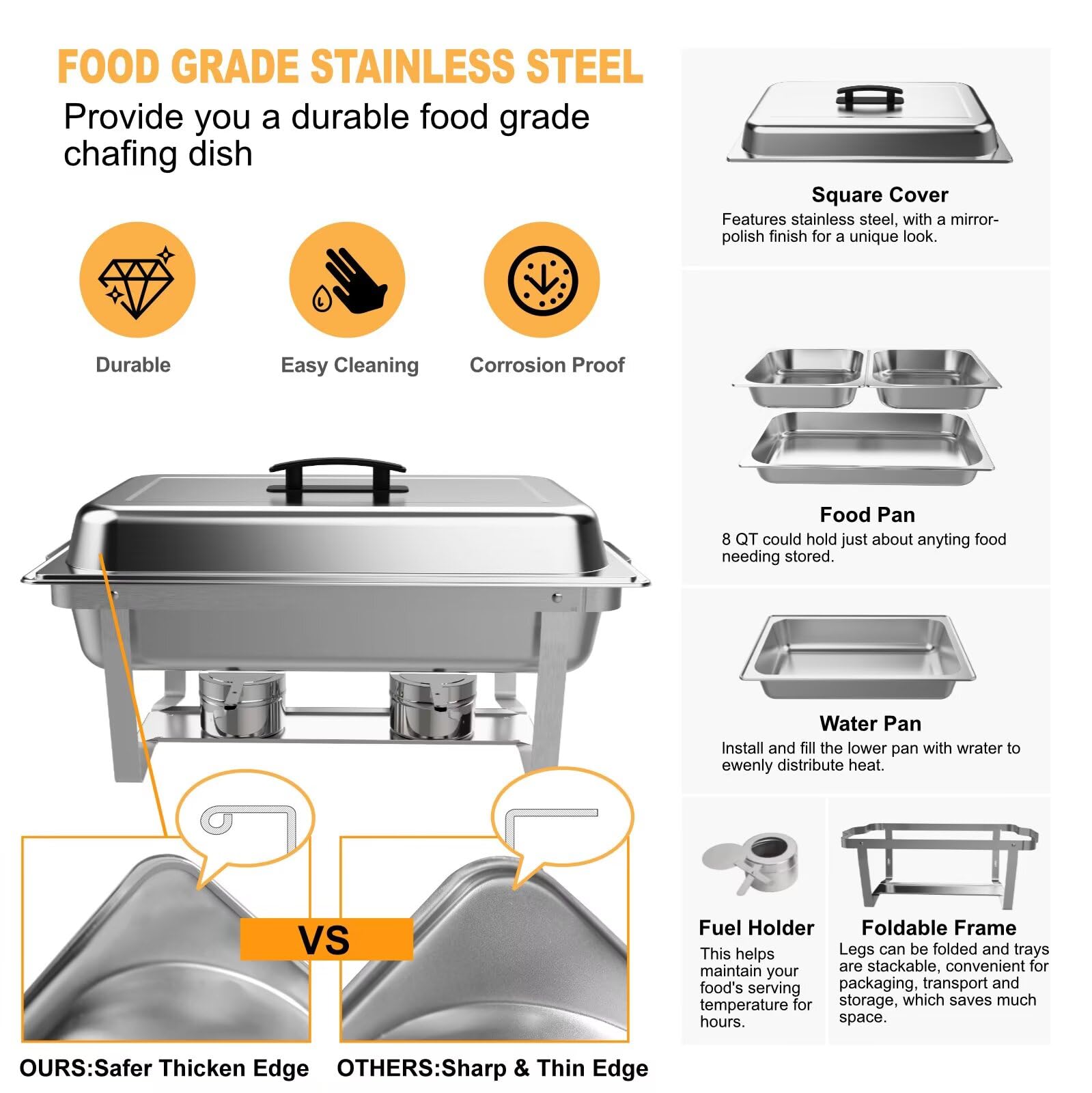 2 Pack 8QT Stainless Steel Rectangular Chafing Dish Buffet Set - Includes Full & Half Food Pans, Fuel Holder & Foldable Frame - Perfect for Catering, Weddings, Parties, Banquets & Buffet Events - Keep Food Warm for Hours