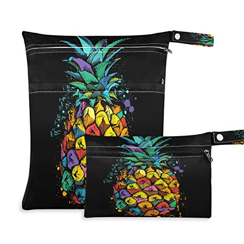 **Baofu 2-Pack Waterproof Wet Dry Bags for Travel, Beach, Gym & Baby Care - Reusable Storage Organizer with 2 Zippered Pockets - Tropical Pineapple Design - Perfect for Swimsuits, Diapers & Sports Gear**