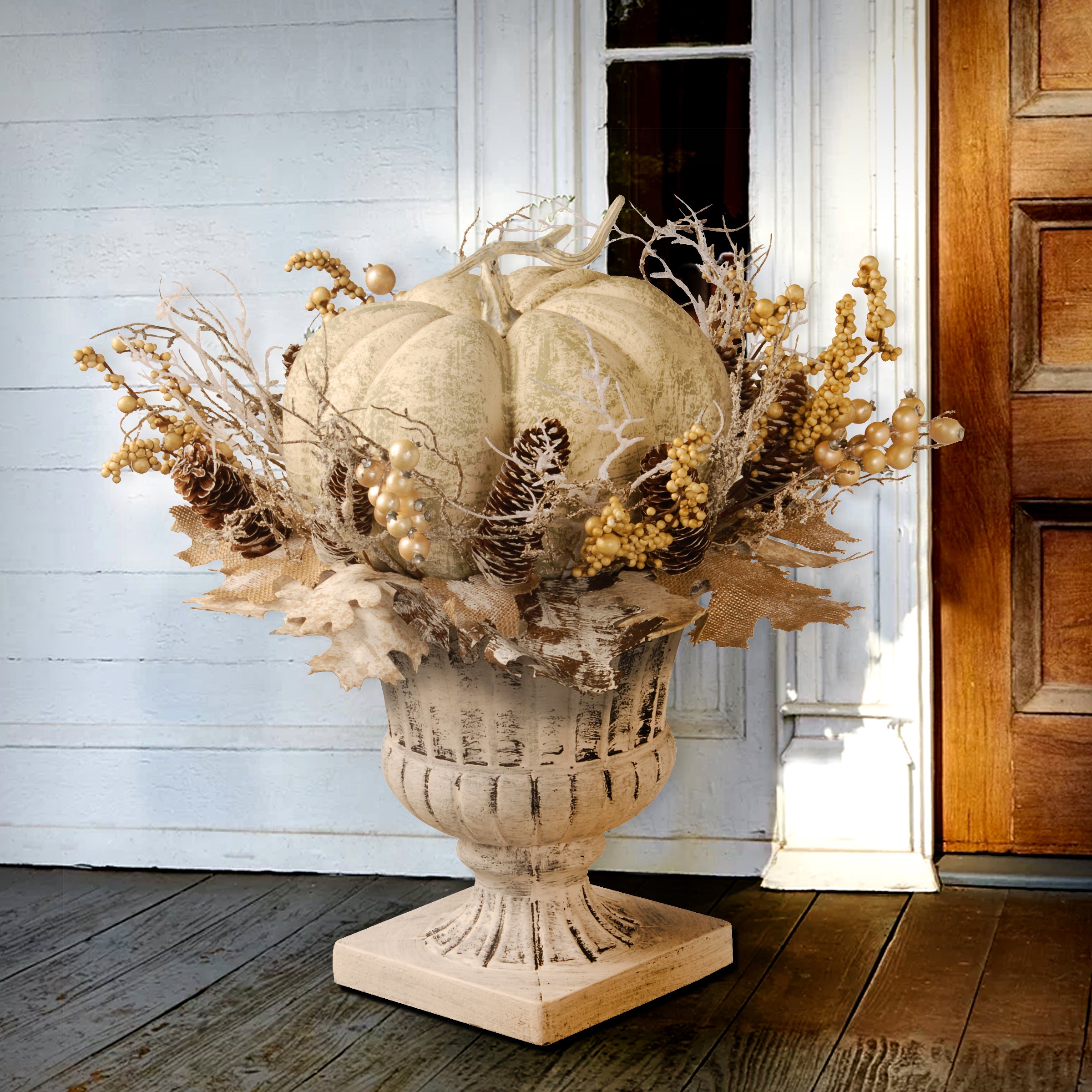 18 Inch Fall Pumpkin Urn with Pinecones, Berry Clusters & Branches - Autumn Harvest Decoration for Home, Porch, and Thanksgiving Table Centerpiece