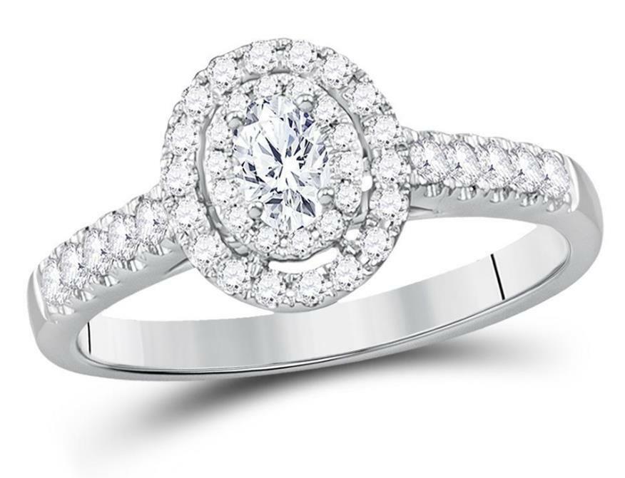 14K White Gold Oval Diamond Solitaire Halo Engagement Ring for Women - 1/2 Carat Total Weight - Perfect for Proposals, Weddings & Anniversary Gifts