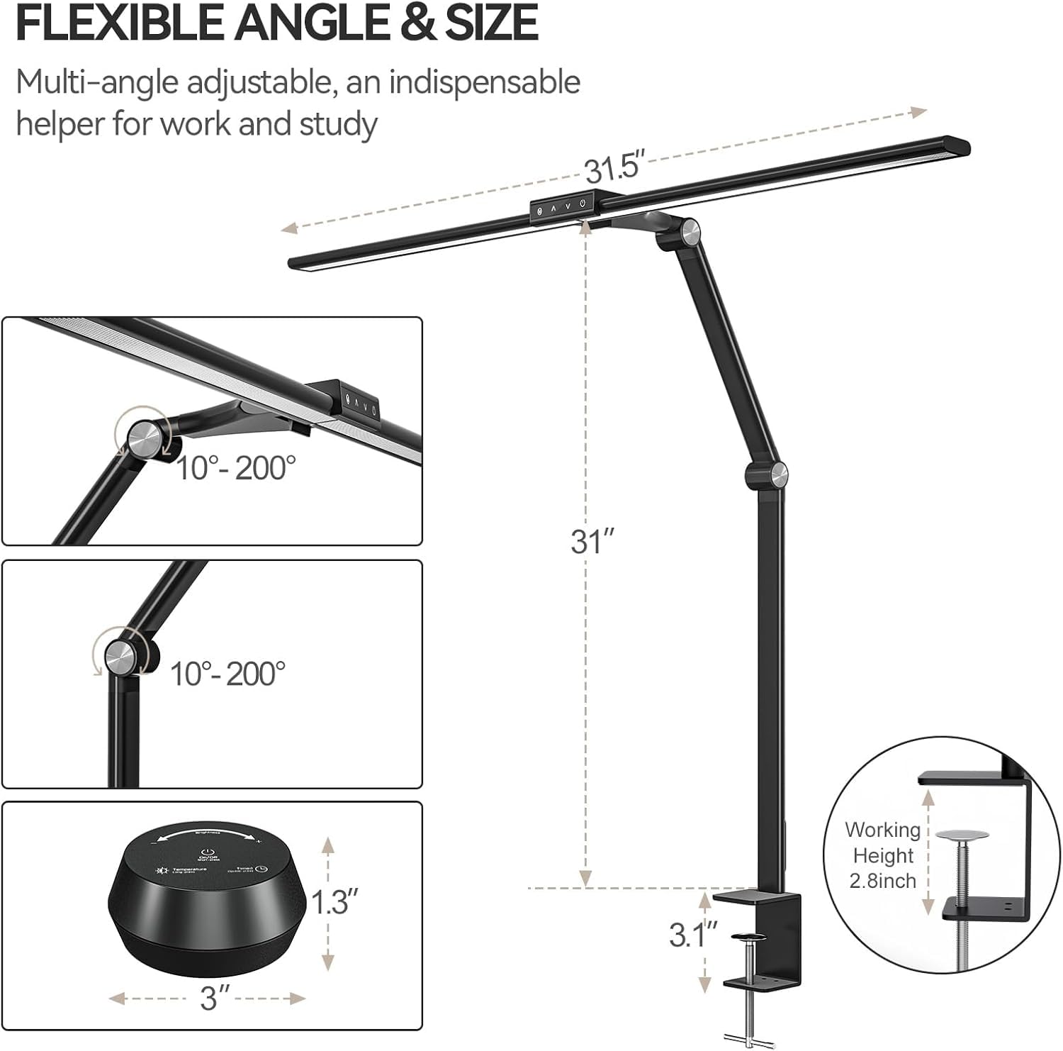 LED Desk Lamp with Clamp - 24W Eye-Caring Table Lamp with Remote Control, 7 Dimming & 5 Color Modes, Timer & USB Charging Port - Adjustable Touch Light for Home Office, Study, Reading and Work