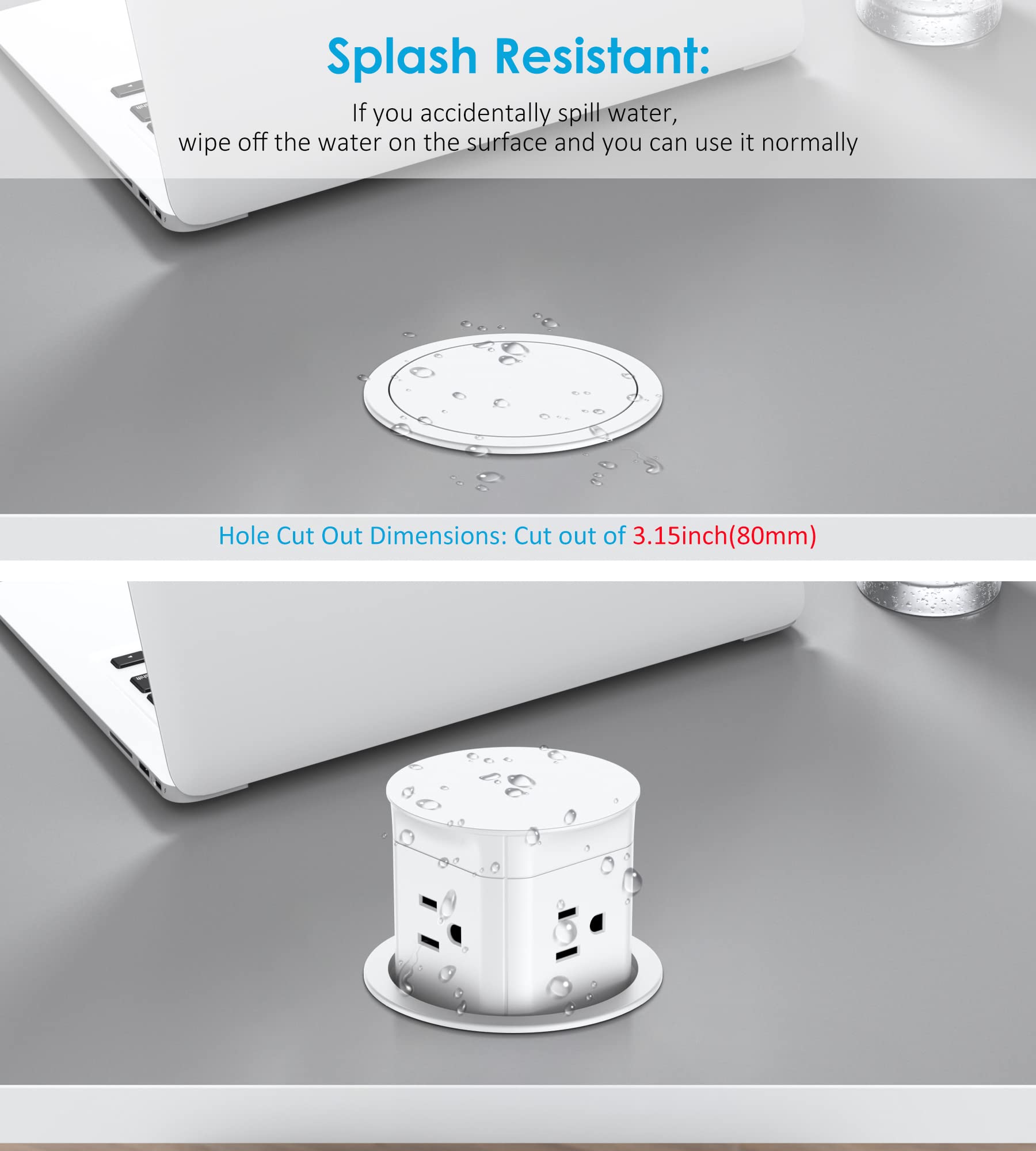 Automatic Pop-Up Countertop Outlet with 15A Receptacle - Splash Resistant Power Hub for Kitchen, Conference Table & Office - White | Perfect for Home, Office & Commercial Use