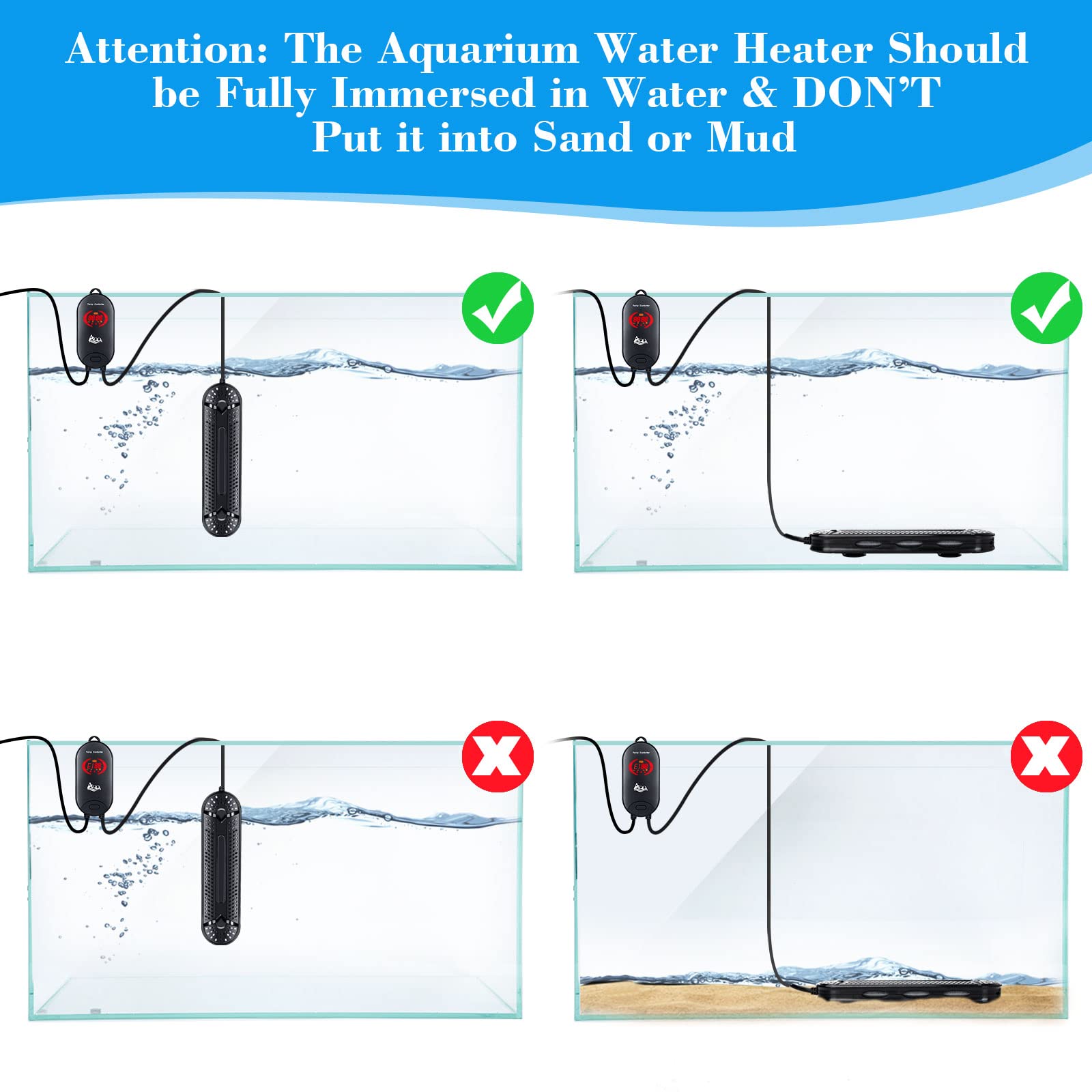 AQQA 500W Submersible Aquarium Heater for 66-135 Gallon Fish Tanks - Betta, Coral Marine & Freshwater Aquarium Thermostat (Ideal for Home, Office & Pet Store Aquariums)