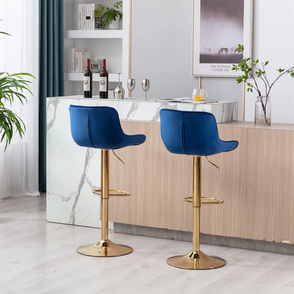 TRIPLE TREE Velvet Bar Stools Set of 2 - Adjustable Counter Height Bar Chairs with Backrest & Footrest, Gold Metal Base Swivel Stools for Kitchen Island, Dining Room & Home Bar - Navy Blue Velvet Upholstery | Perfect for Entertaining, Breakfast Nooks & Modern Home Decor