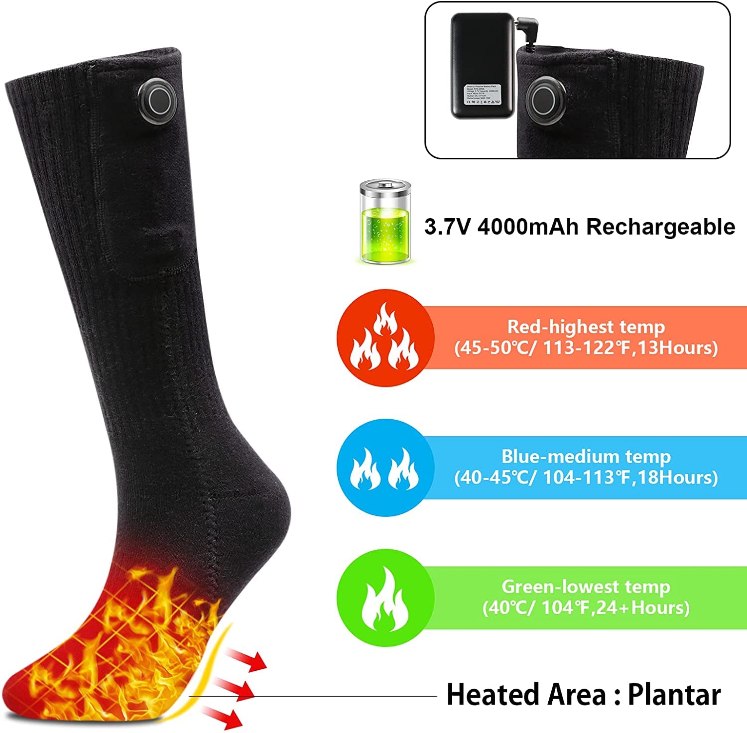 Rechargeable Heated Socks for Men & Women - 5000mAh Battery Electric Warm Socks for Skiing, Motorcycling, Cycling, Camping & Outdoor Activities - Cold Weather Foot Warmers for Winter Sports & Daily Use