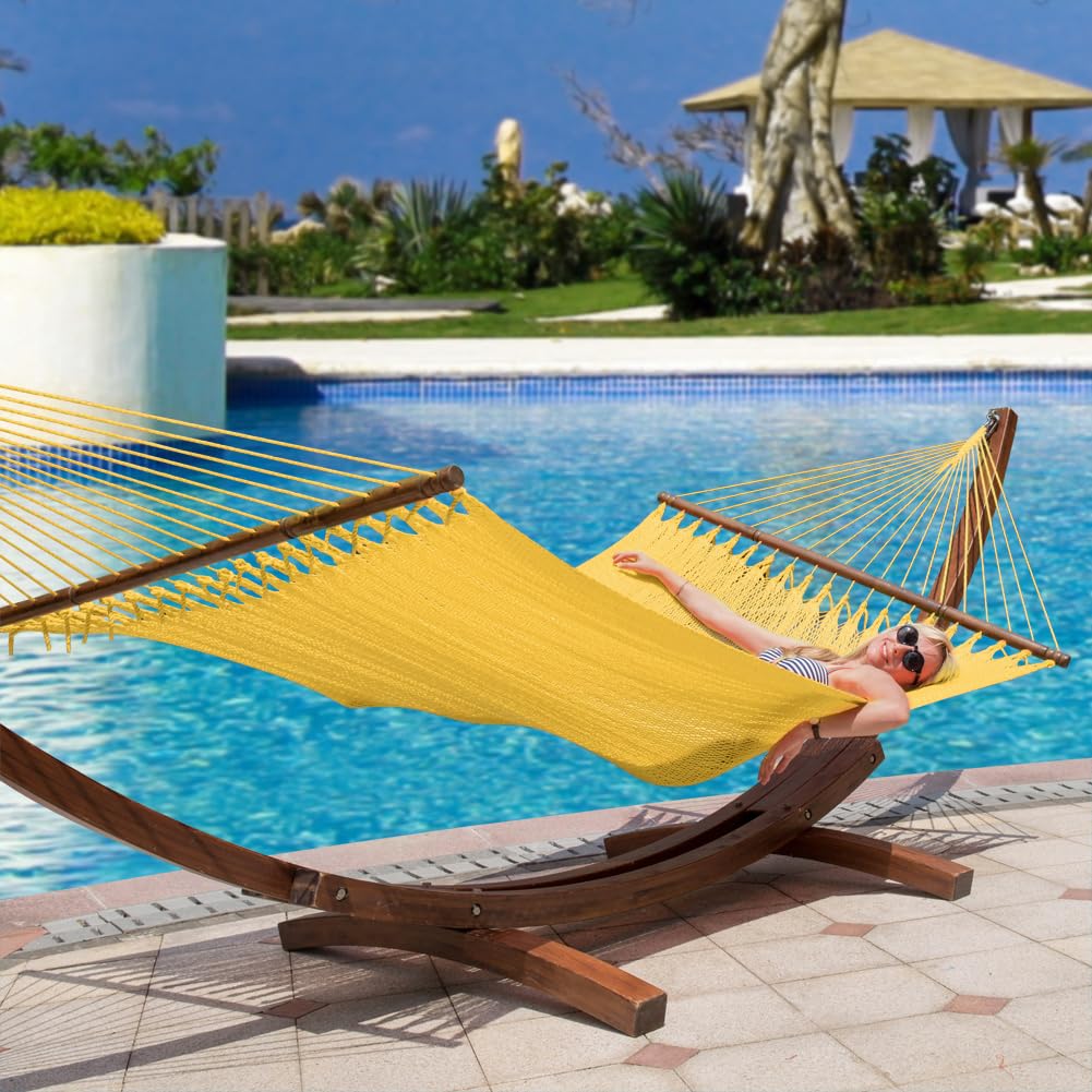 10.5 FT Double 2 Person Caribbean Rope Hammock - Hand Woven Polyester Outdoor Hammock with Spreader Bars - Extra Large Backyard, Poolside & Patio Hammock - 450 LBS Capacity - Yellow - Perfect for Relaxing in Garden, Beach or Camping