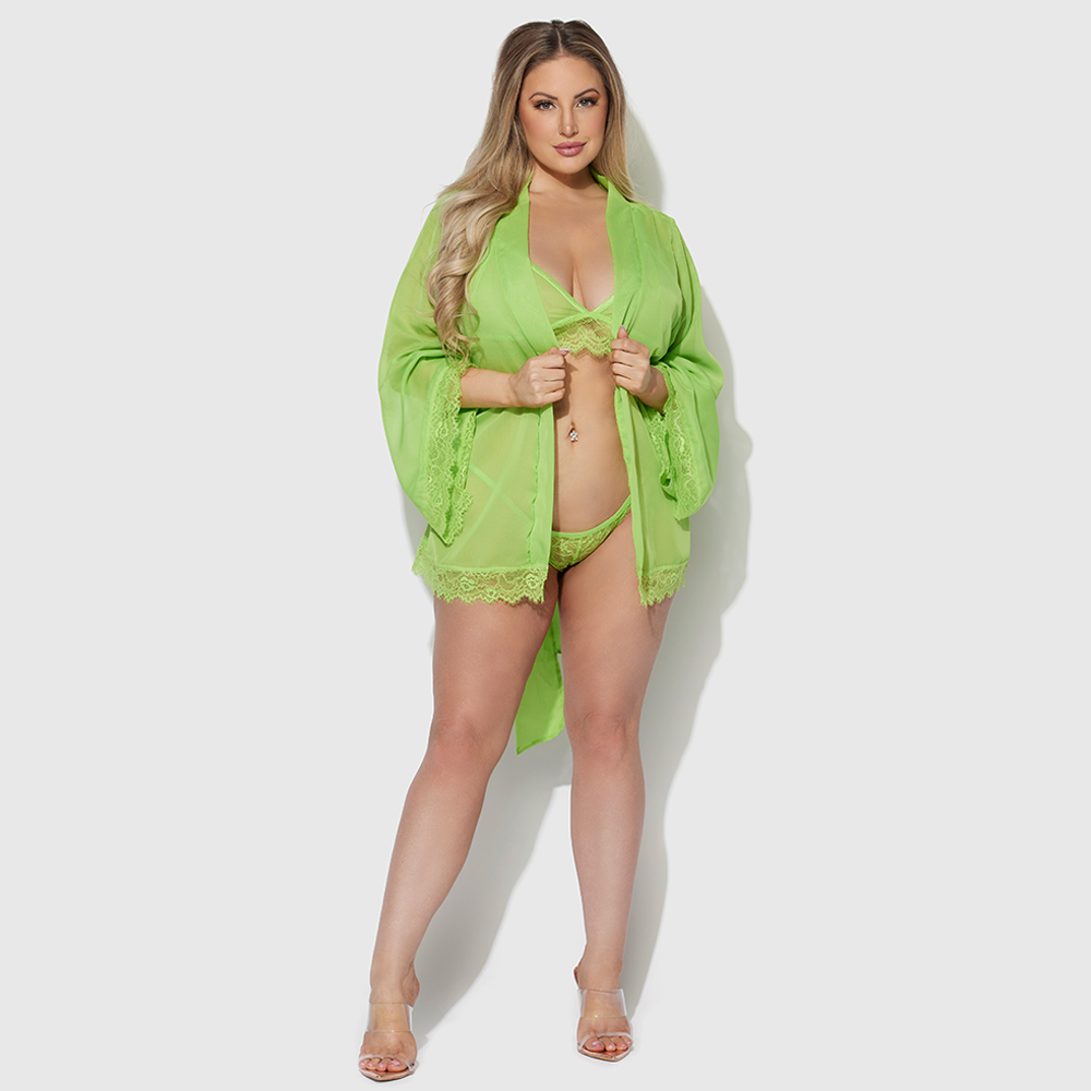 Shavon Sheer Chiffon & Lace Trim Kimono Robe for Women - Plus Size Cover Up - Elegant Loungewear for Spa, Beach, and Special Occasions