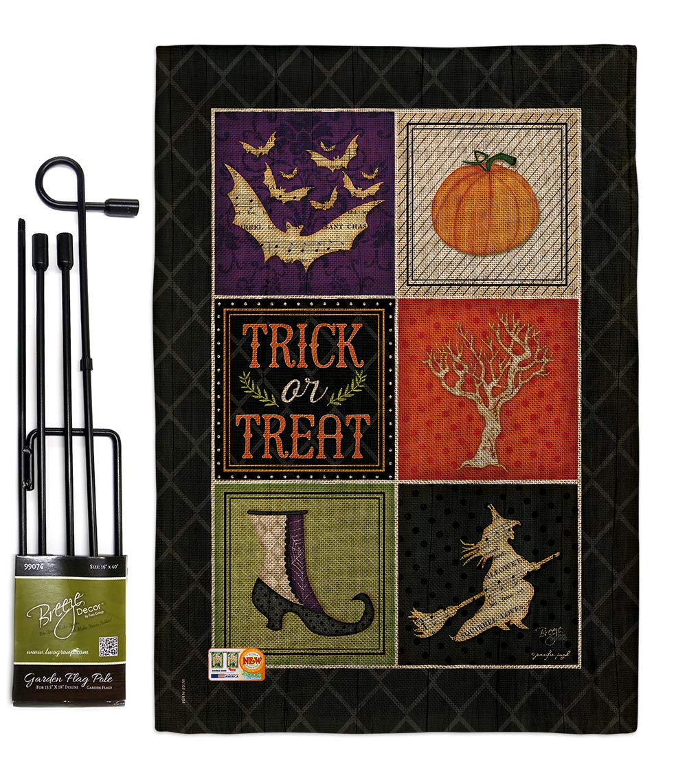 Halloween Garden Flag Set - Double-Sided Trick or Treat Decor with Witch, Black Cat & Pumpkin Design - 13x18.5 Inch Fall Yard Banner with Stand - Made in USA - Perfect for Front Porch, Lawn & Seasonal Home Decor