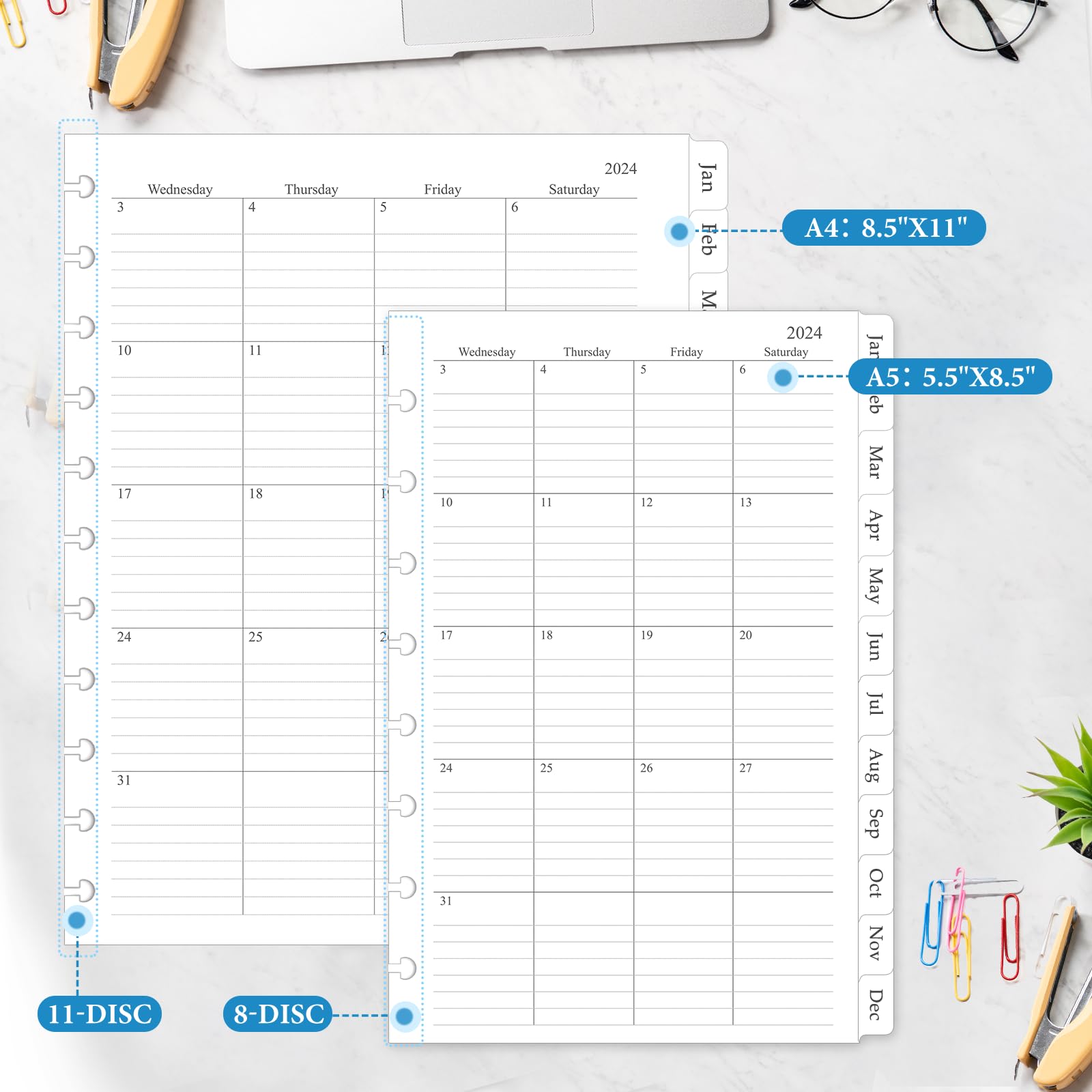2024-2025 Monthly Planner Refill Inserts for 11-Disc Discbound Planner - 8.5
