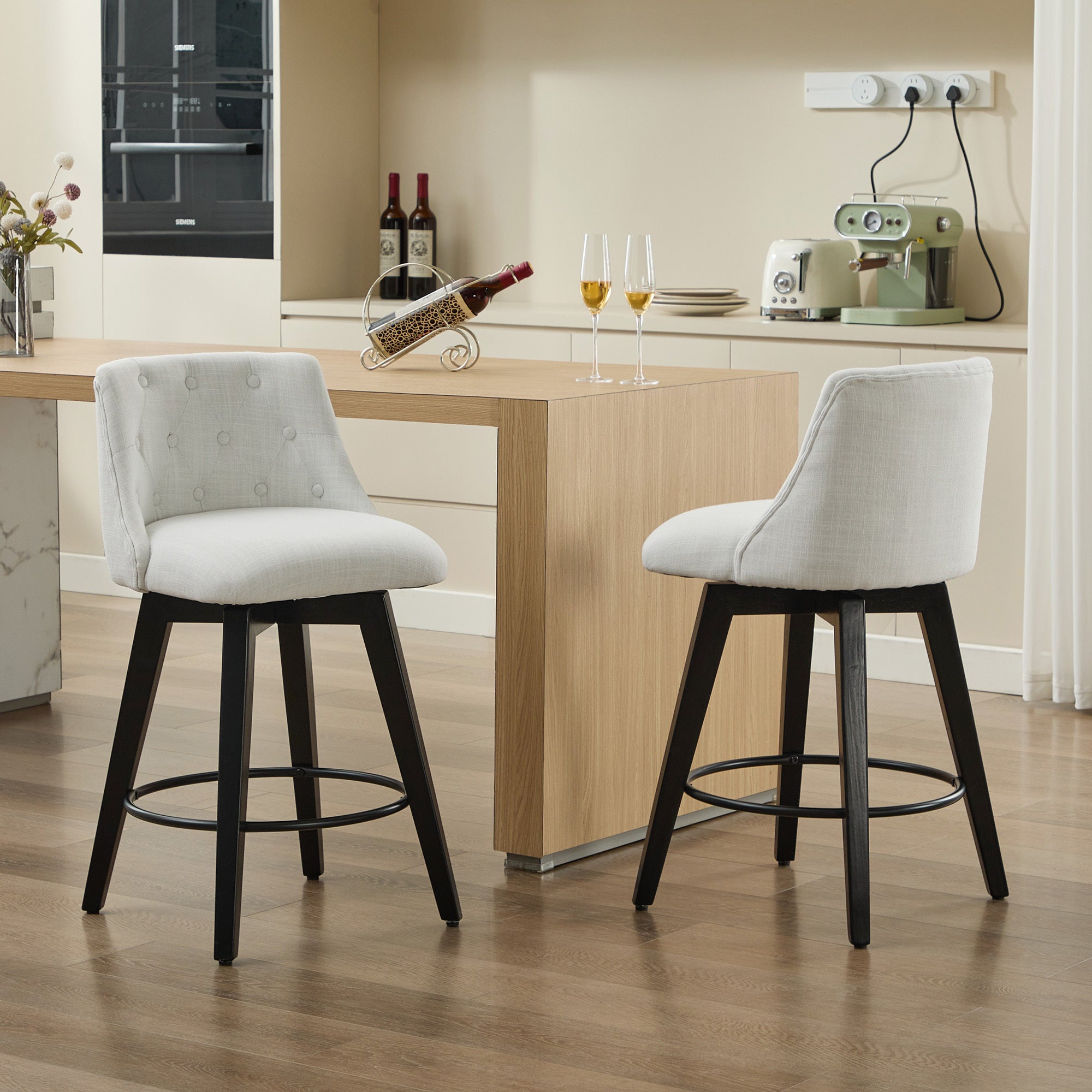 Modern 25' Swivel Bar Stools Set of 2 - Counter Height Stools with Linen Upholstery & Button Tufted Back, Solid Wood Frame for Kitchen Island, Home Bar or Breakfast Nook - Perfect for Entertaining Guests or Casual Dining