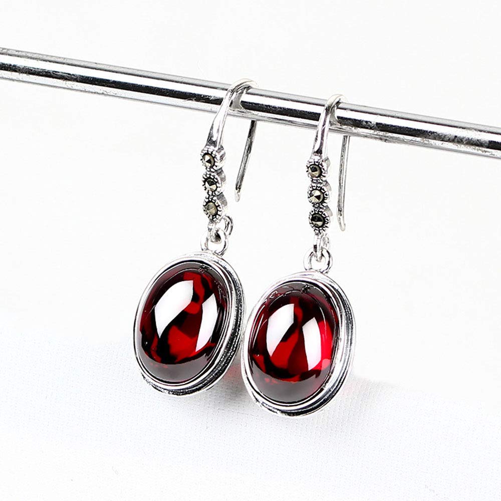 925 Sterling Silver Oval Blue Corundum & Garnet Hook Earrings for Women - Vintage Retro Fashion Jewelry (Blue & Red) - Perfect for Parties, Weddings & Daily Wear