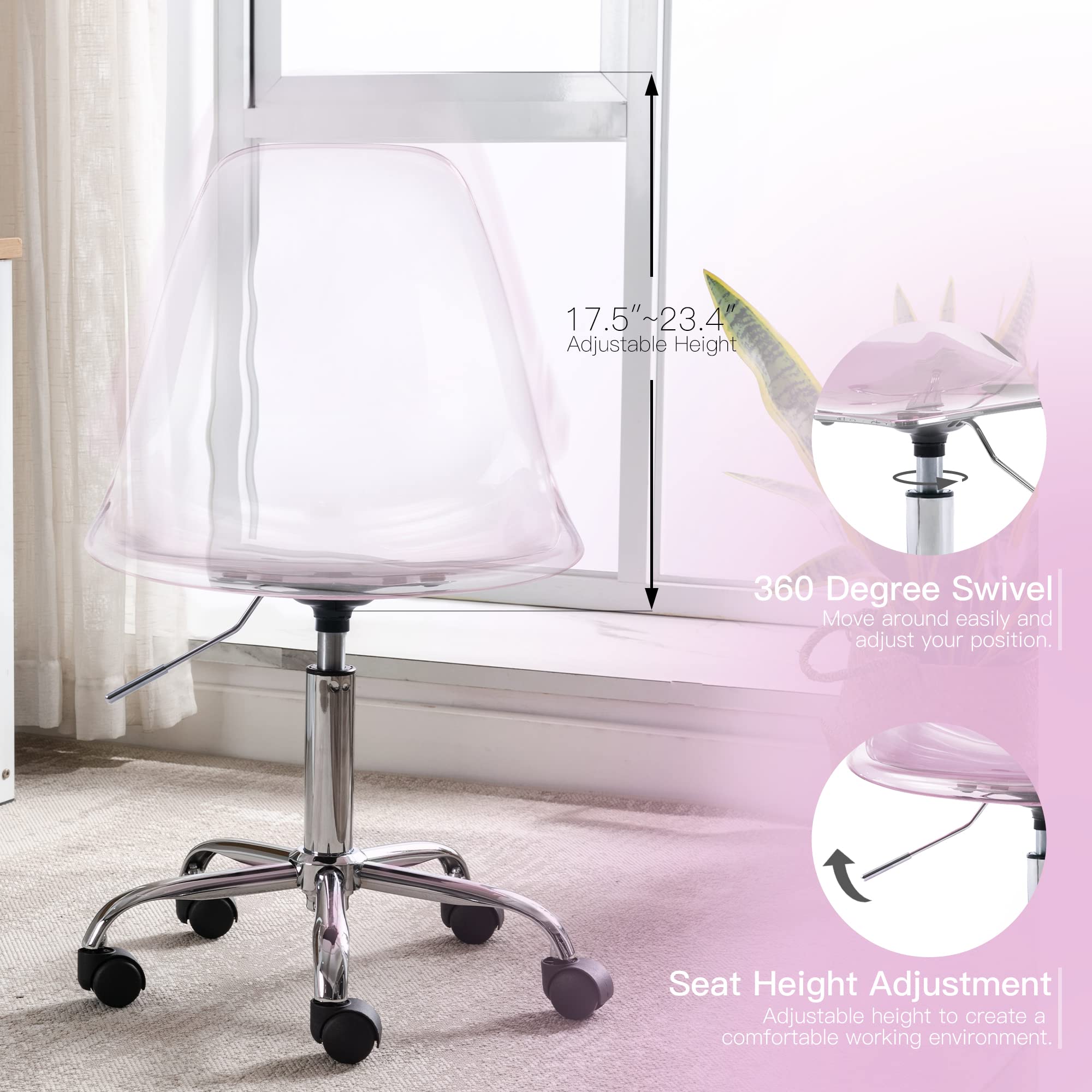 Modern Acrylic Clear Desk Chair - Adjustable Height Rolling Plastic Vanity Chair for Home Office, Small Cute Armless Ghost Chair with Wheels (Pink) - Perfect for Workspaces, Makeup Areas & Modern Decor