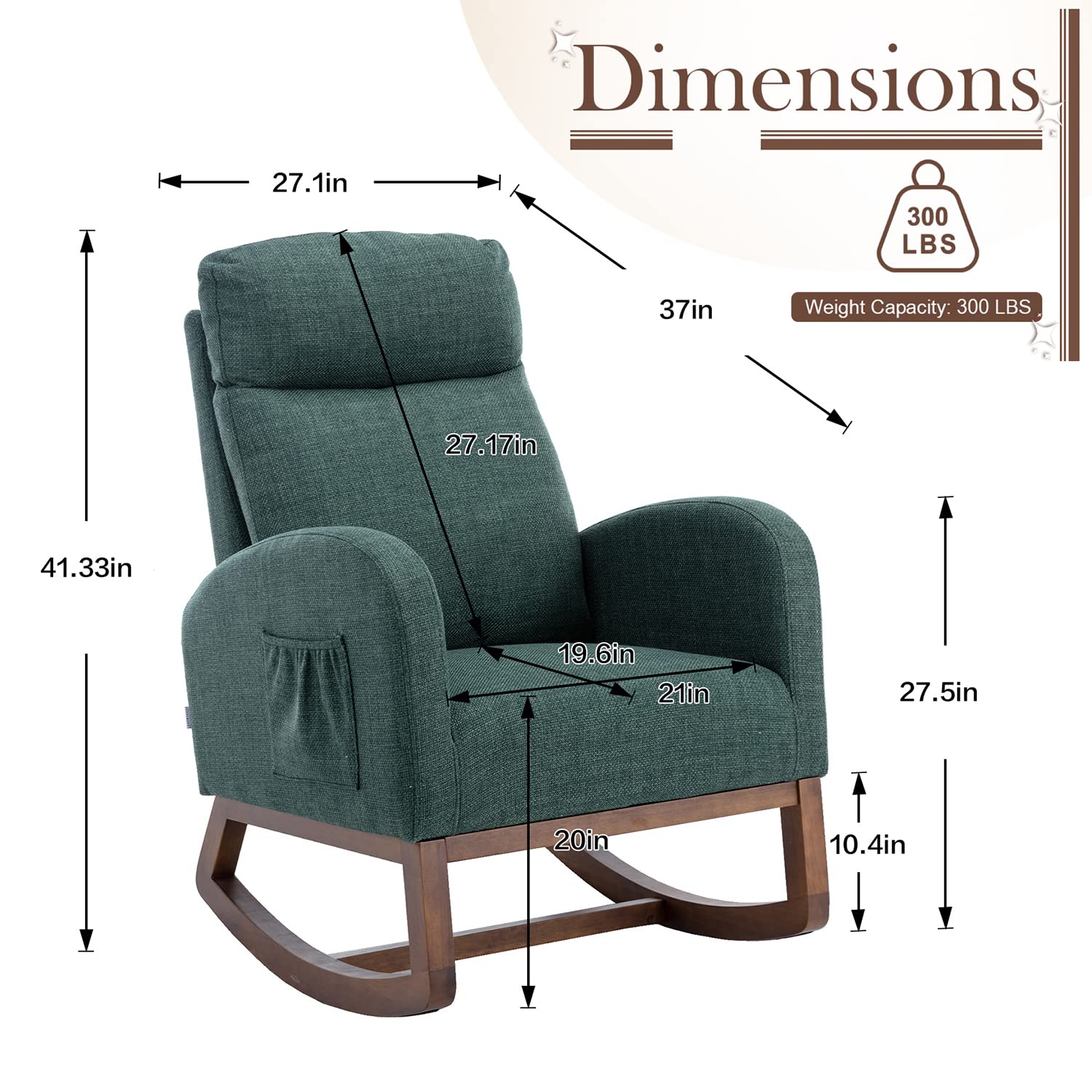 Antetek Modern Upholstered Rocking Chair - Nursery Glider Rocker with Side Pocket, High Back Headrest Design - Comfortable Armchair for Living Room, Bedroom & Nursery (Green) - Perfect for Breastfeeding, Reading & Relaxing